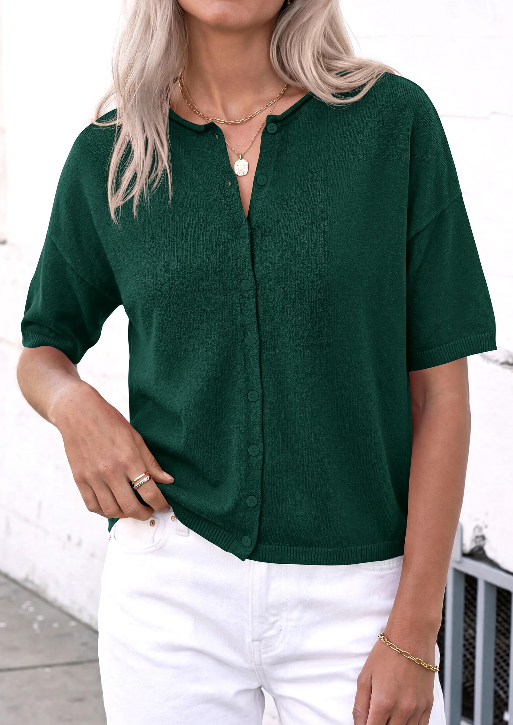 Women's Short Sleeve Cardigan Sweaters (Dark Green,Small)