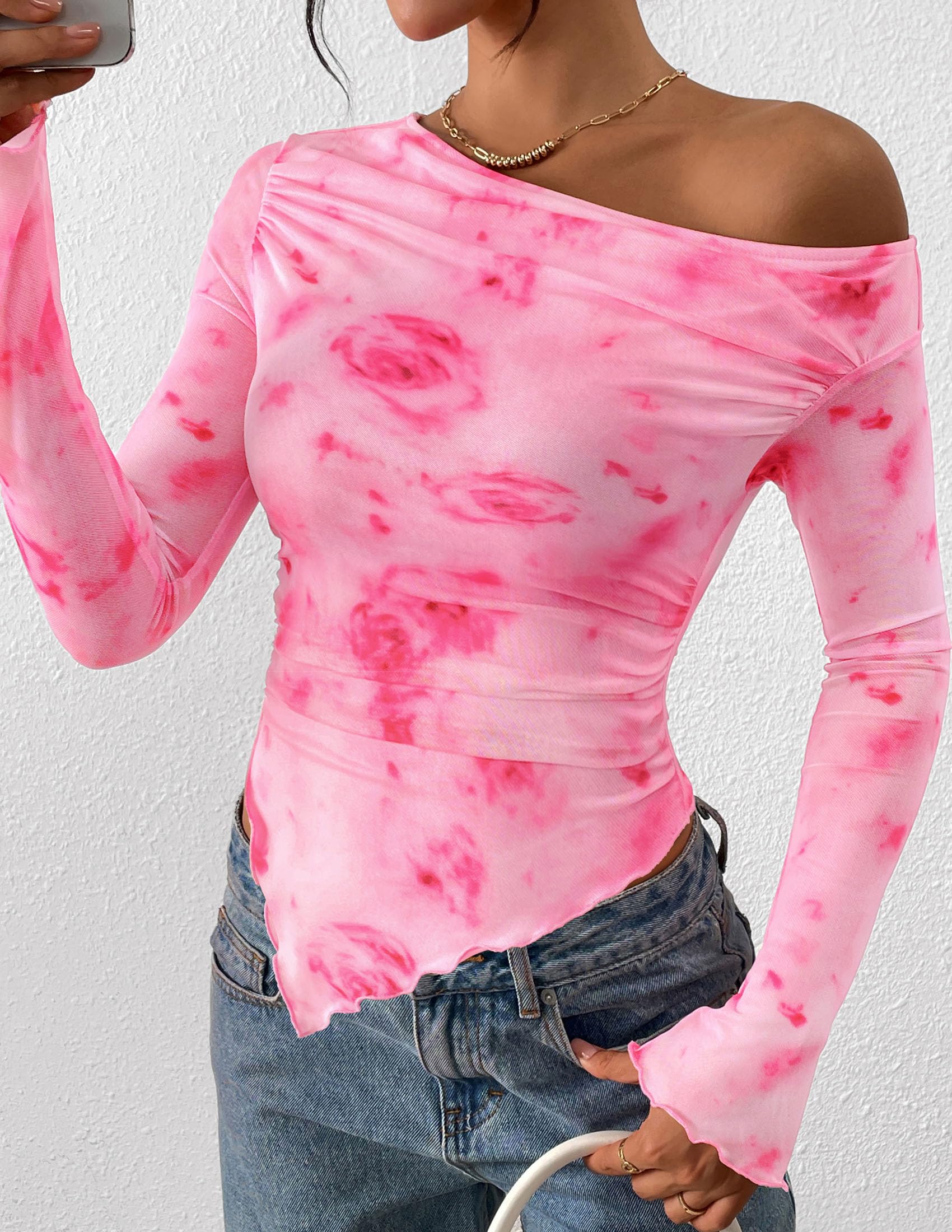 Womens Off Shoulder Mesh Y2k Tops,Floral Pink Red,XS