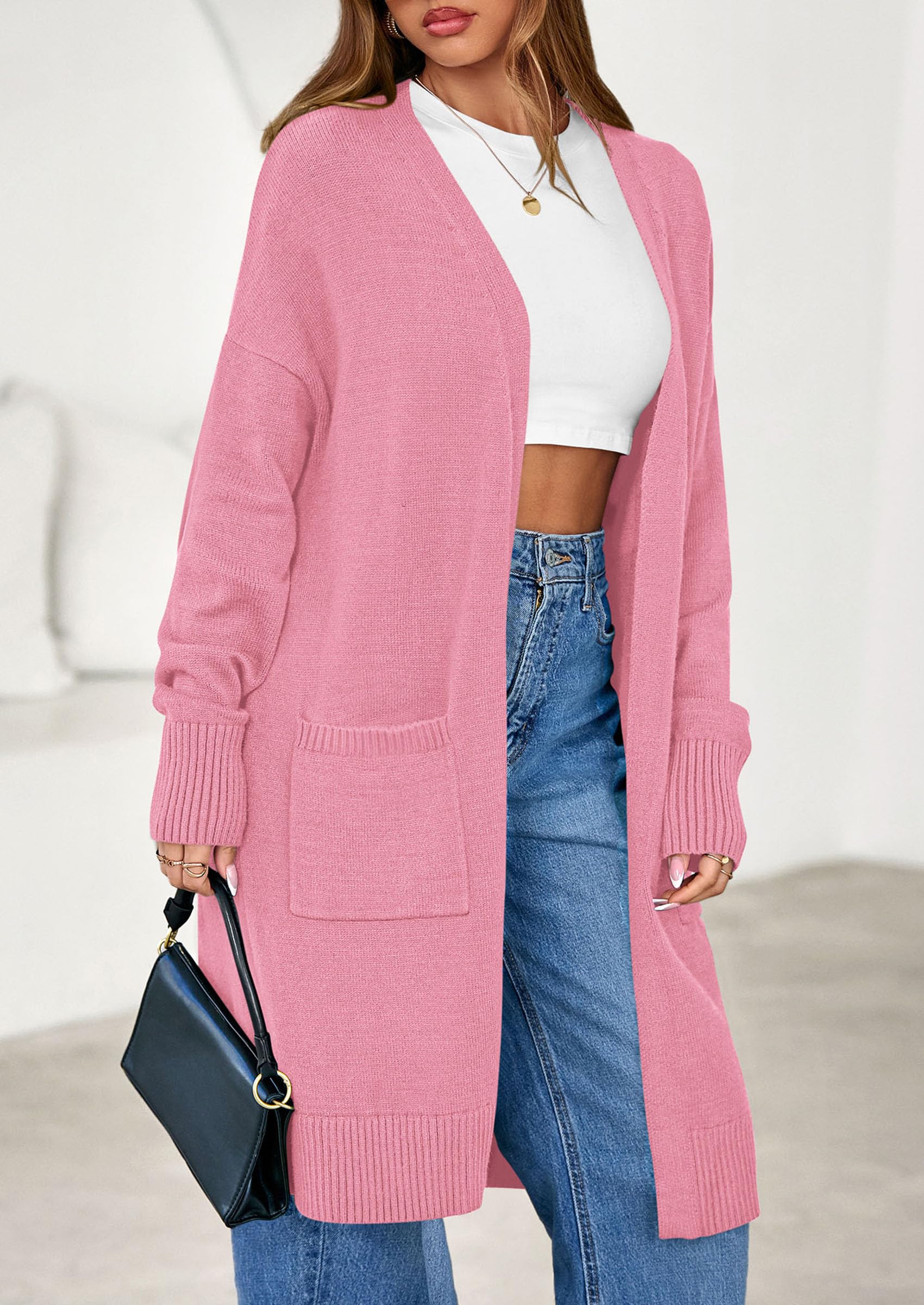 Women's Oversized Open Front Long Knit Cardigan,Pink,M