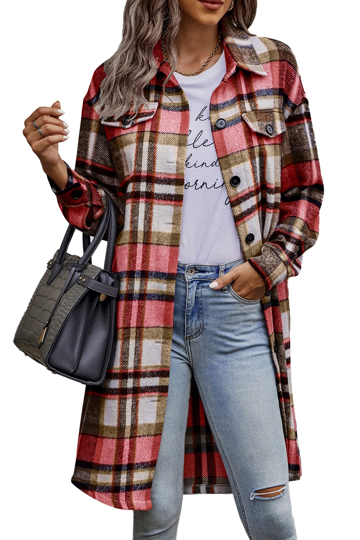 Womens Plaid Shacket Jacket Flannel Shirts,Red,S