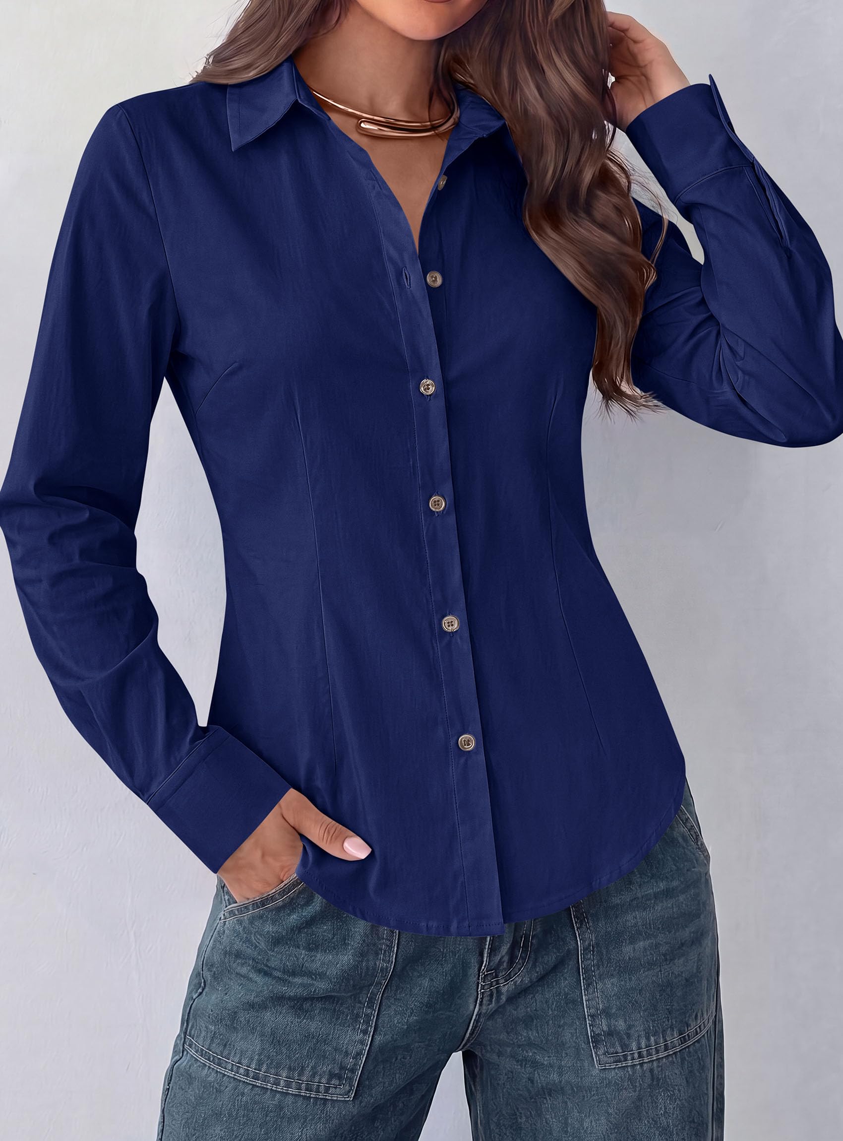 Womens Button Down Shirts Long Sleeve Blouse (Navy,S)