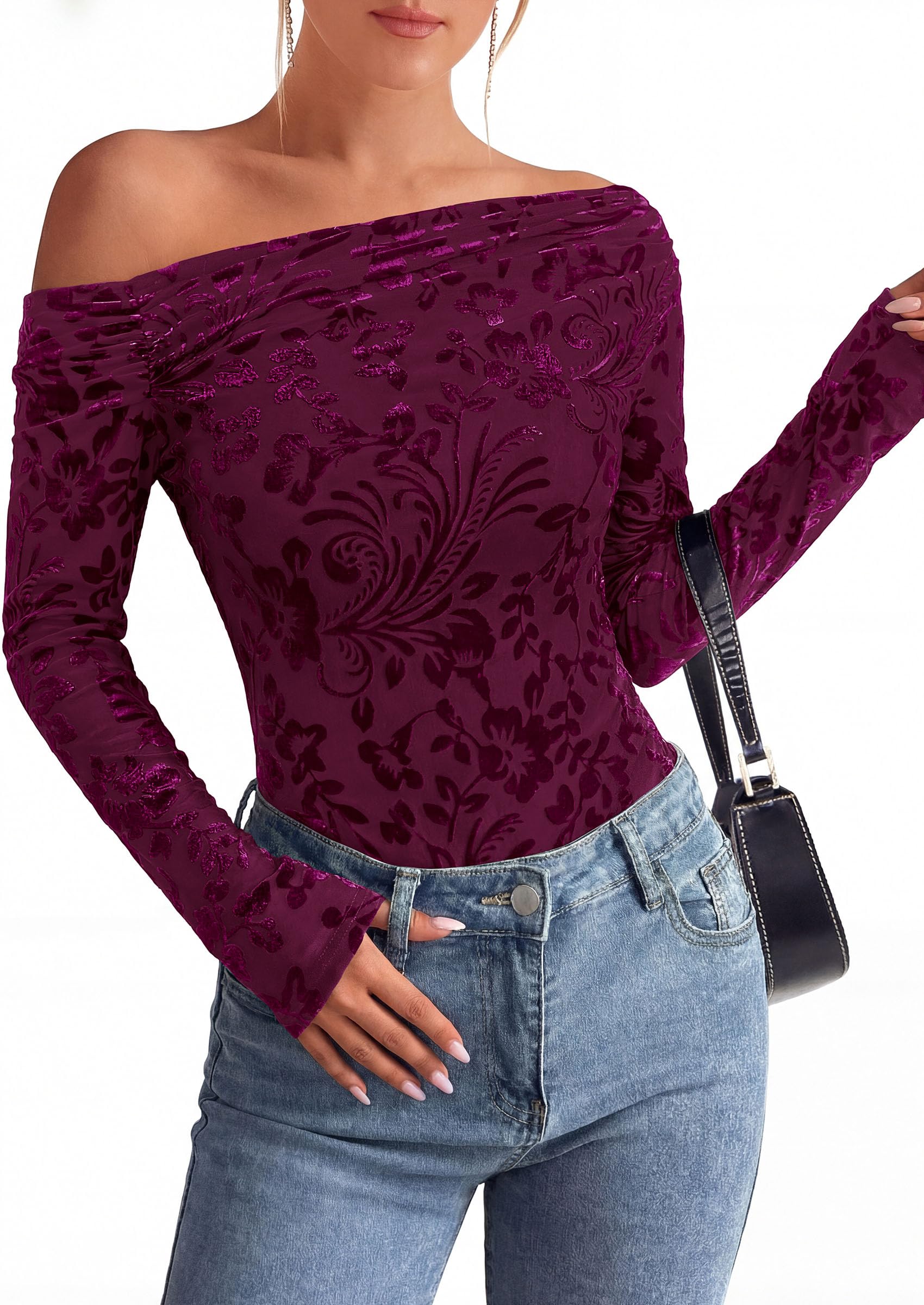 Off the Shoulder Tops for Women Fall Mesh Floral Blouses