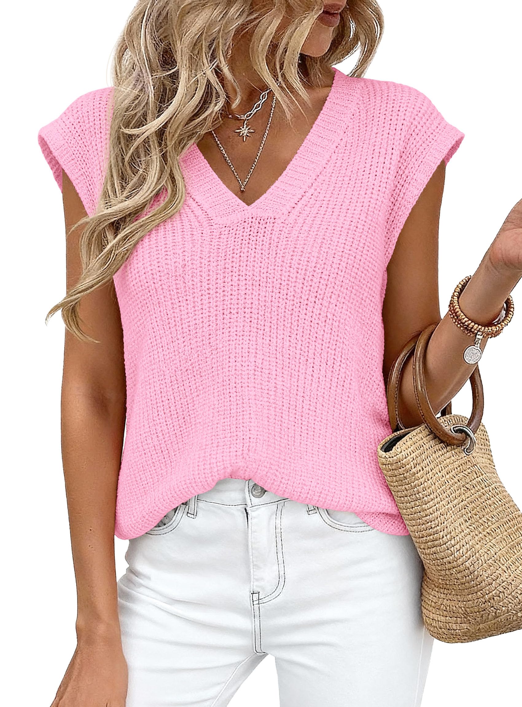 Women's Cap Sleeve Sweaters Vest Summer Tops (Pink,S)