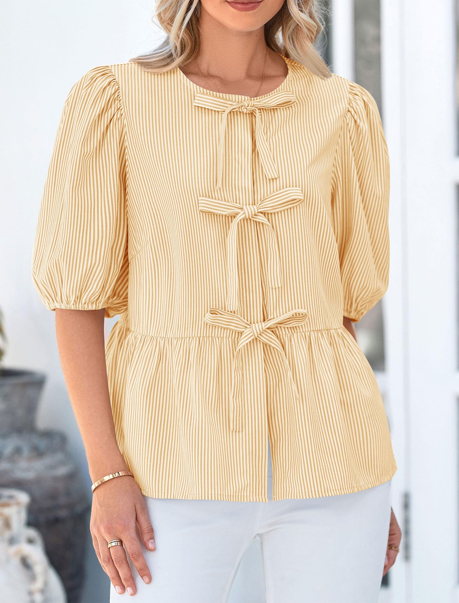Women Striped Tie Front Babydoll Peplum Tops, Yellow,M