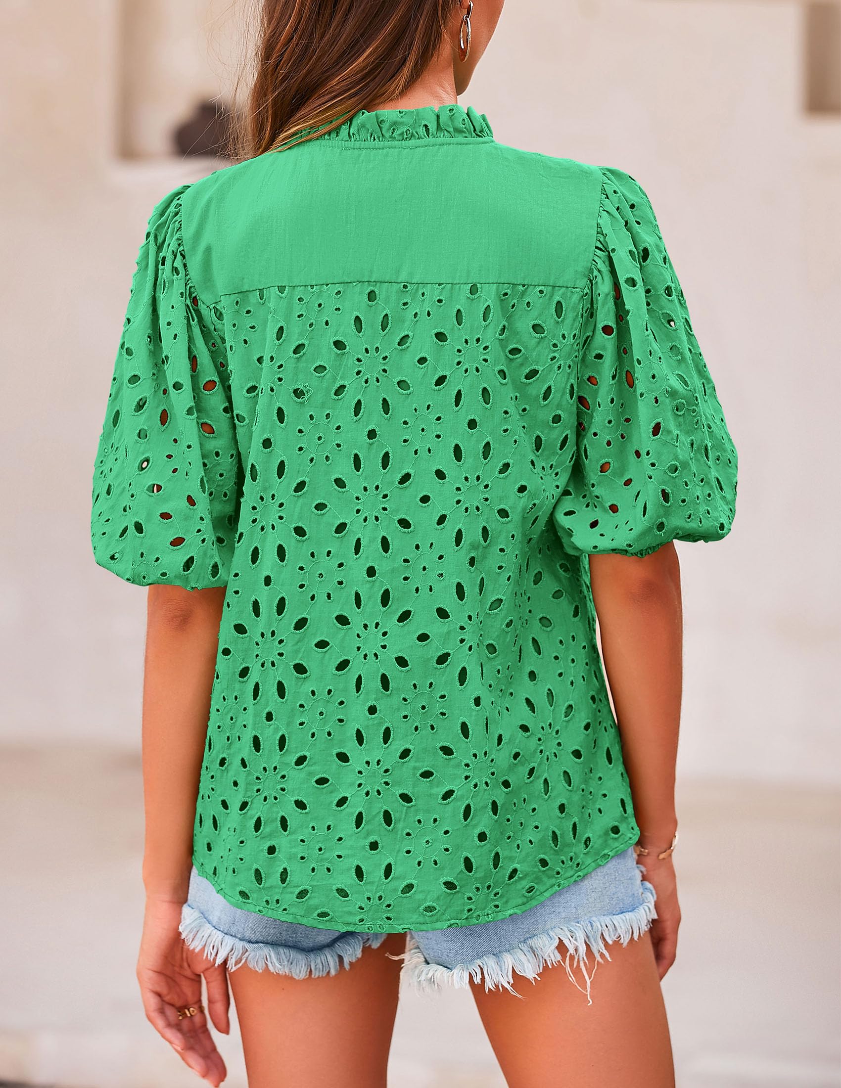 Womens Tops Boho Eyelet Puff Sleeve Blouse, Green,M