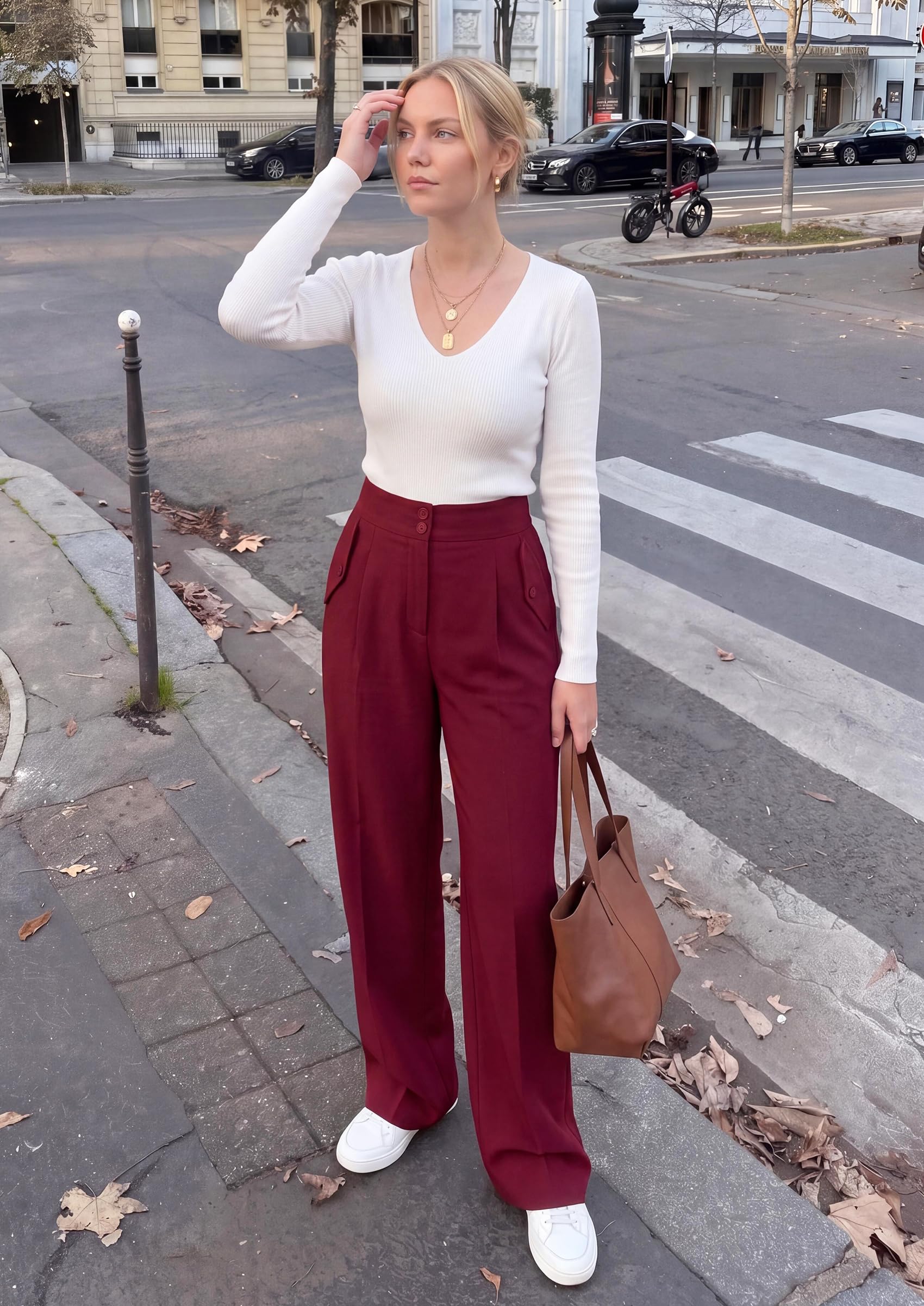 Women's Wide Leg Work Dress Pants Trousers (Burgundy,S)