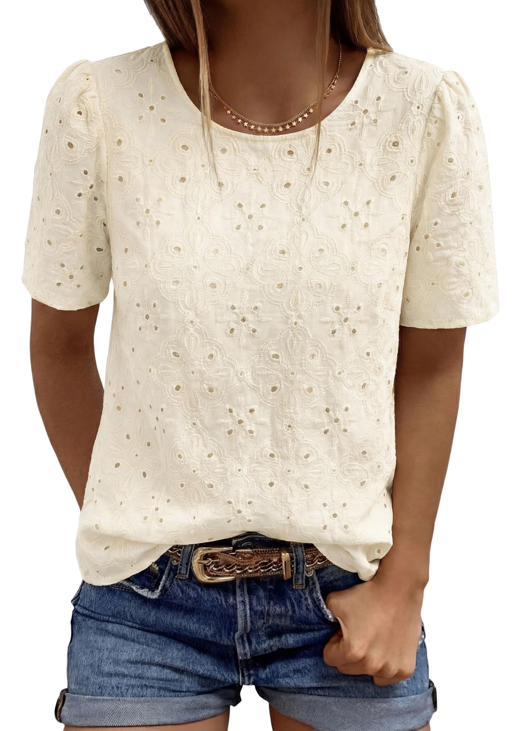 Women's Embroidered Eyelet Short Sleeve Blouse, Apricot,XS