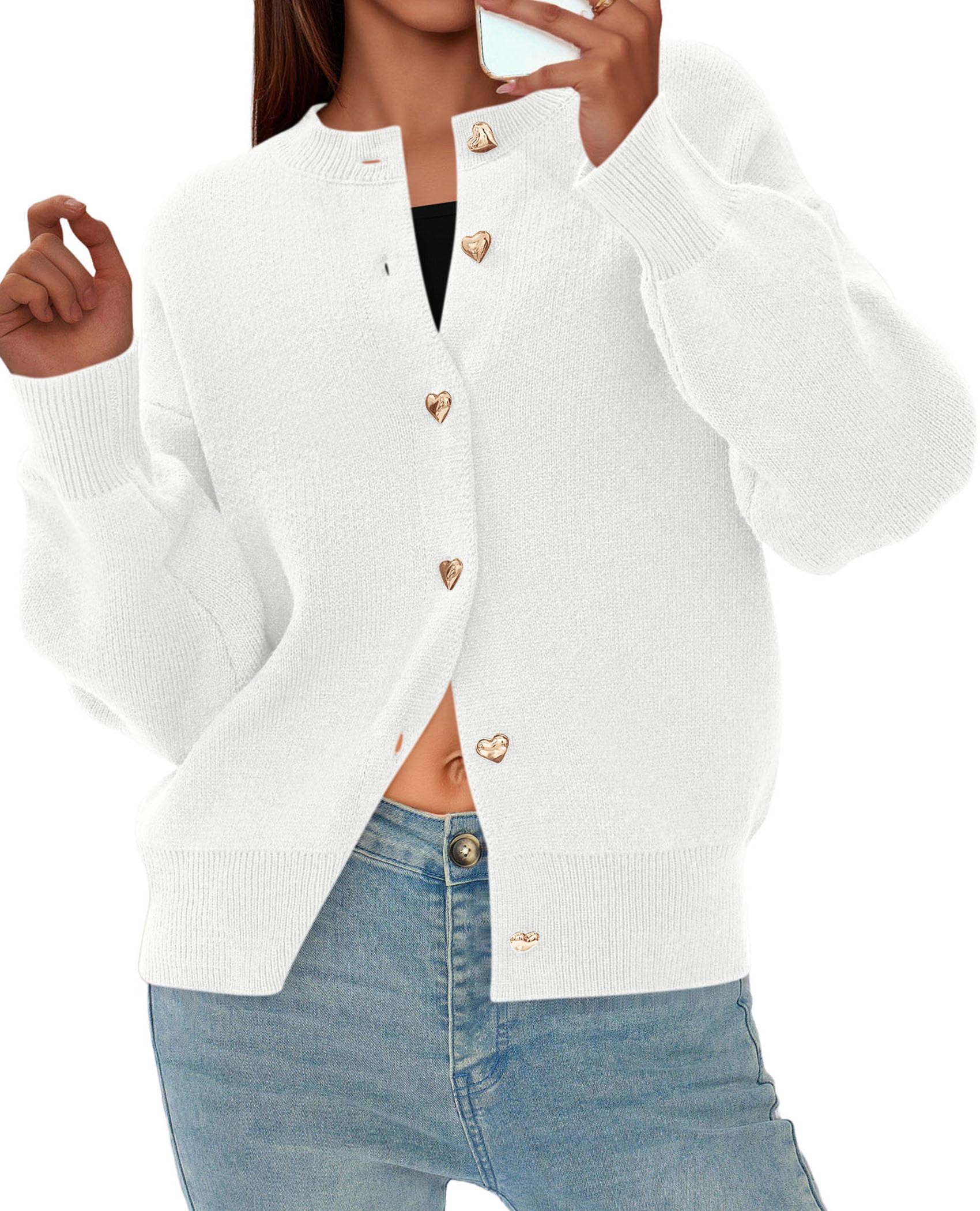 Women's Long Sleeve Button Up Cardigan,White,M