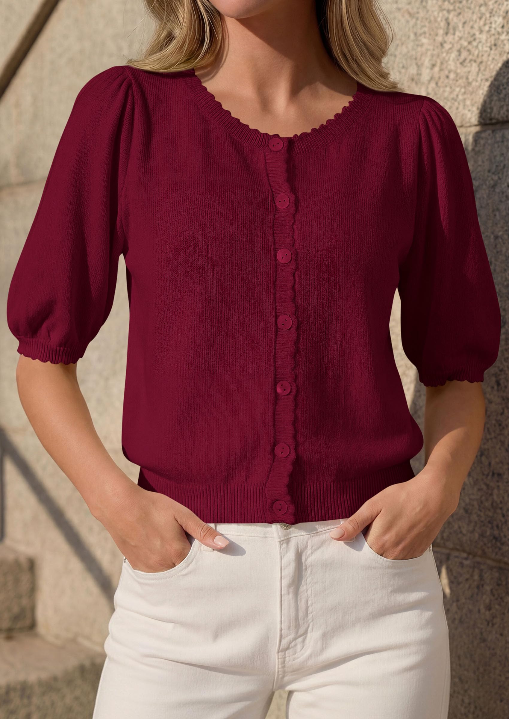 Women Short Sleeve Lightweight Knit Cardigans, Burgundy,S
