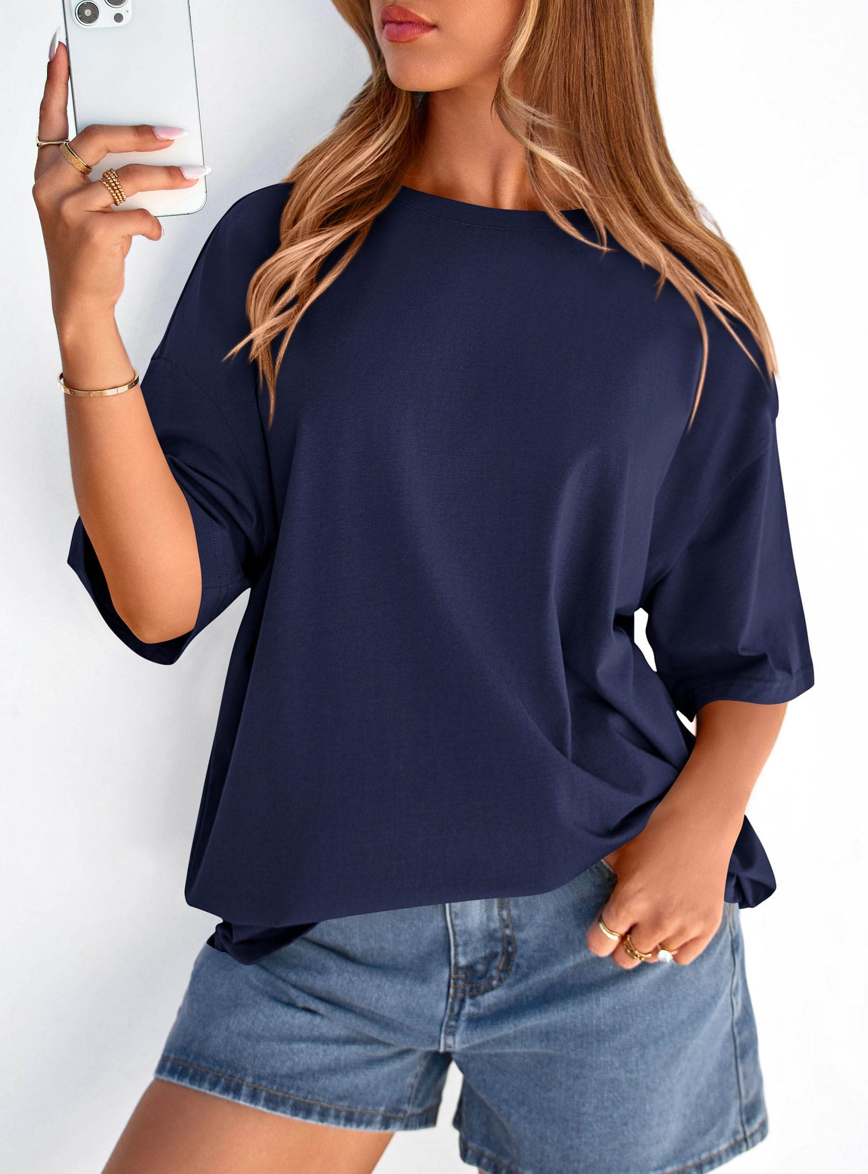 Women's Oversized Tshirts Going Out Tops (Navy Blue,S)