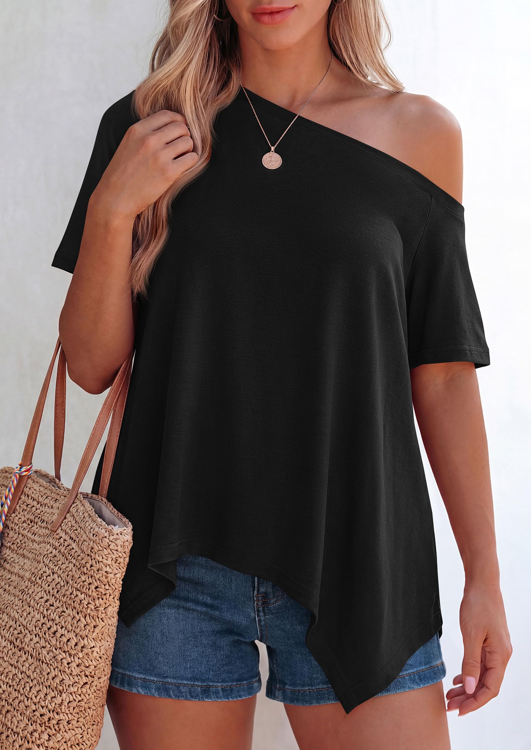 Off Shoulder Tops for Women Oversized Tshirts, Black,S