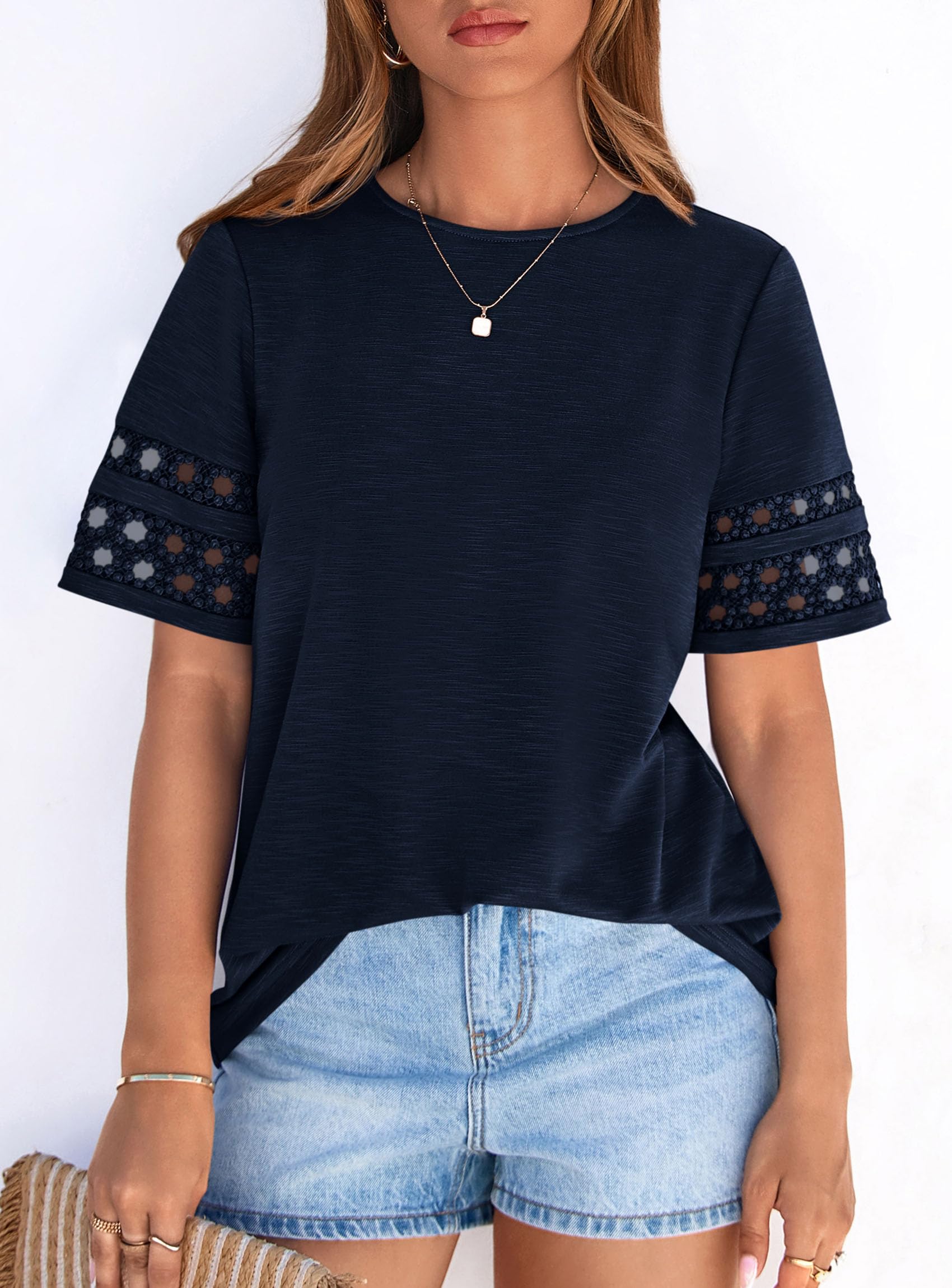 Women's Summer Short Sleeve Lace Trim T-Shirts,Navy Blue,S