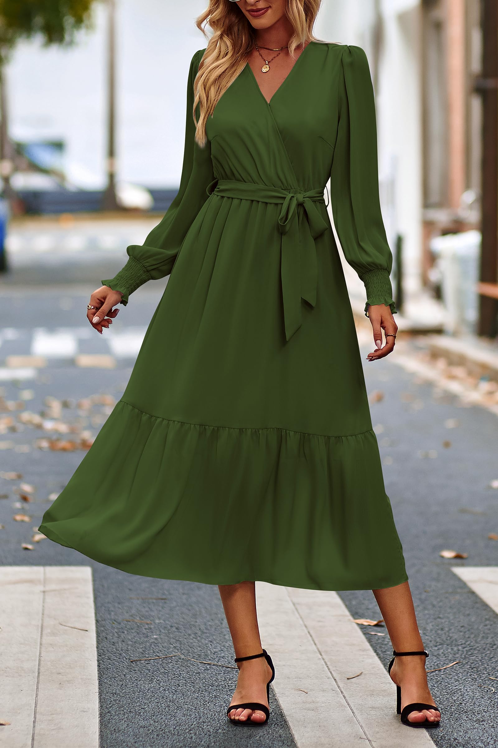 Women's Boho Long Sleeve Maxi Dress, Solid Army Green,S