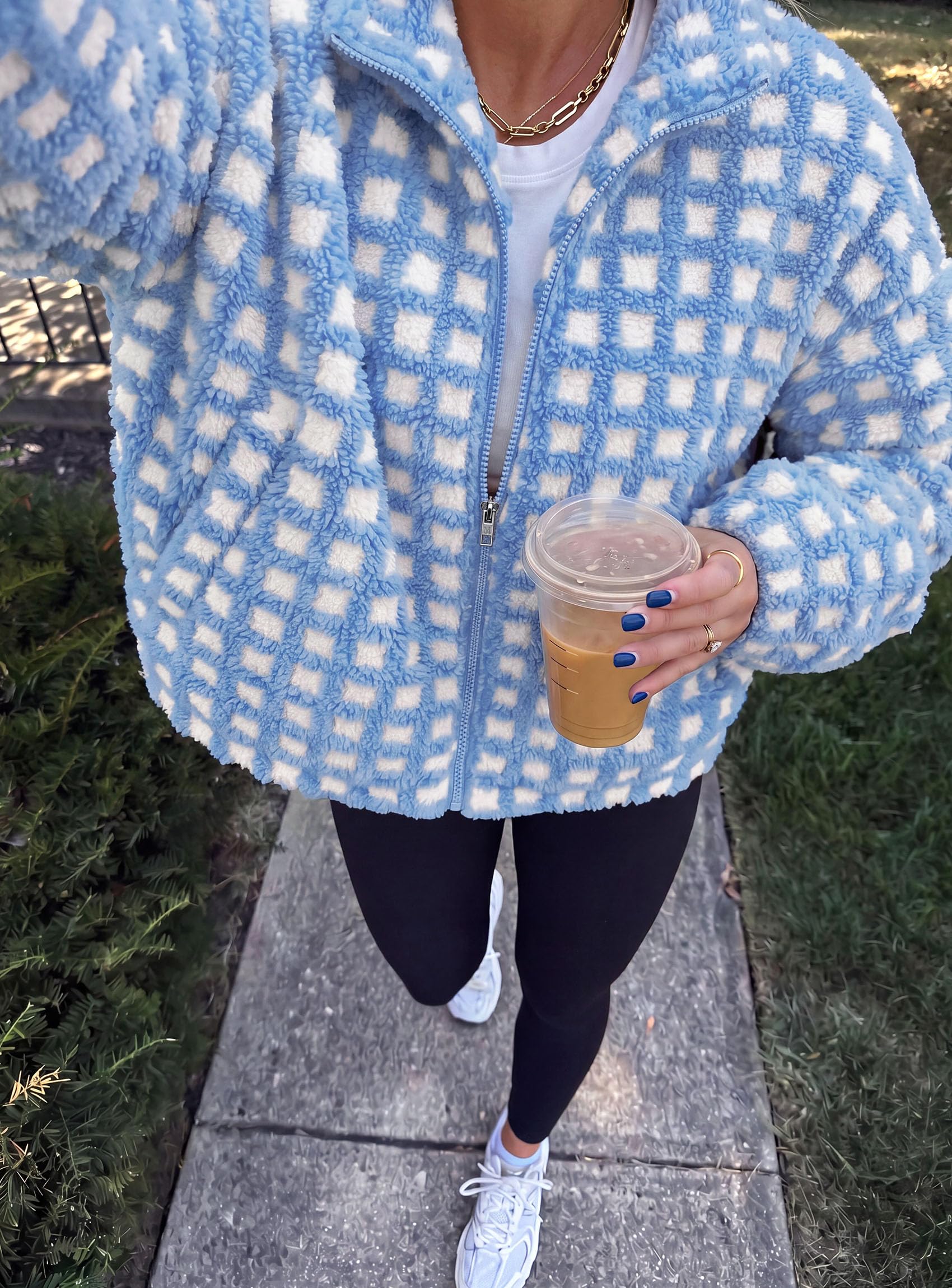 Women's Gingham Sherpa Fleece Jacket Plaid Cropped Teddy Coat