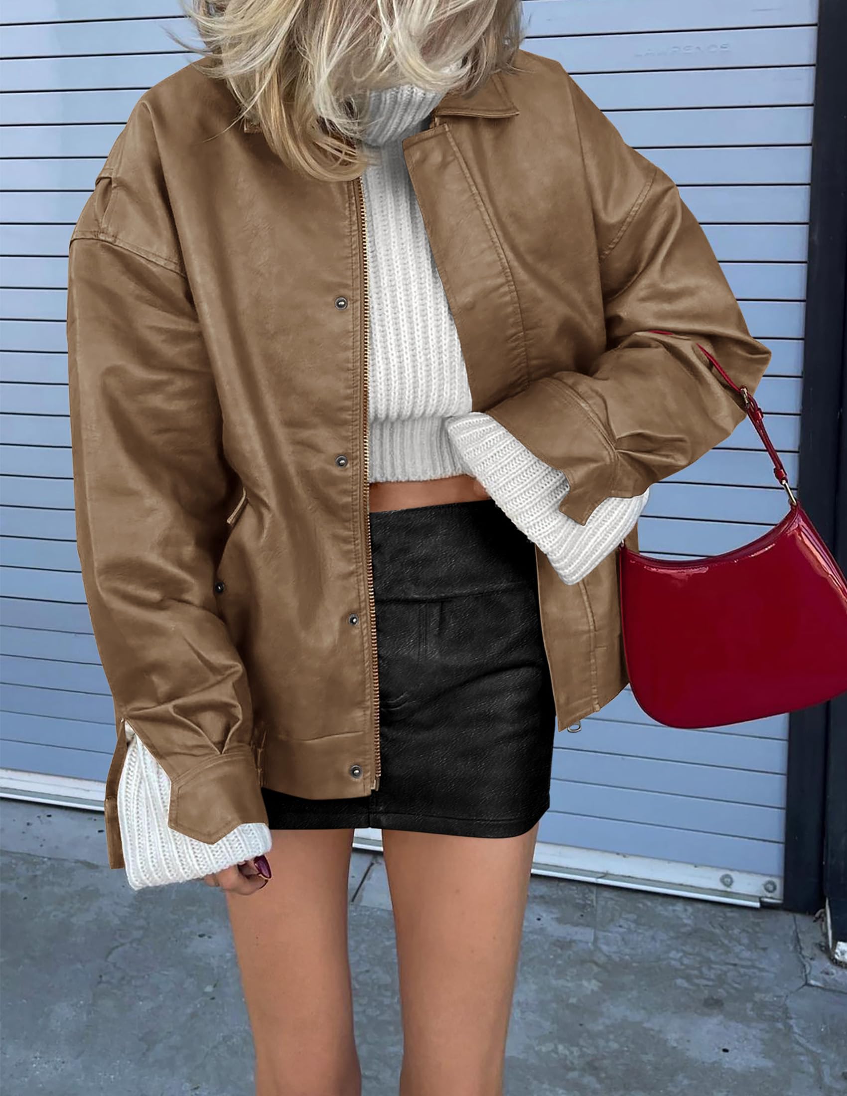 Women's Faux Leather Motorcycle Jackets(Khaki,X-Small)