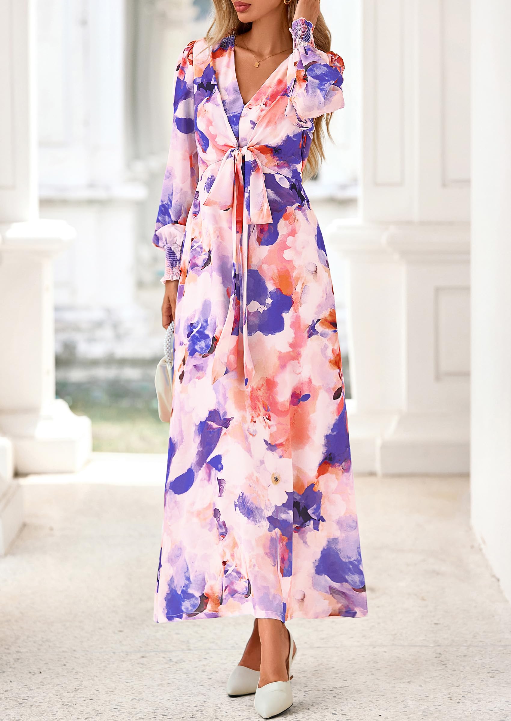 Women's Tie Waist Floral Maxi Dress,Floral Multicolored,S