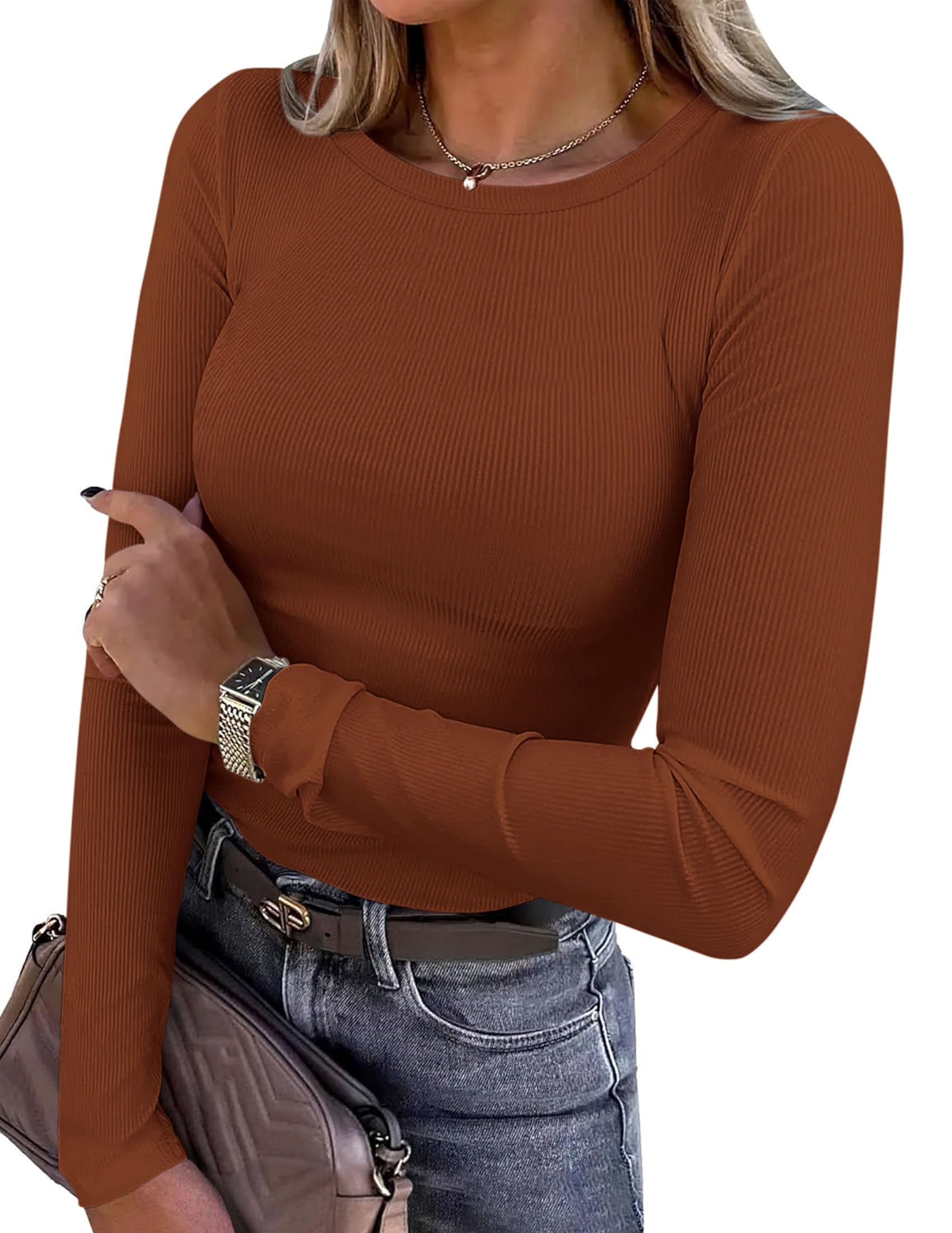 Women's Fall Long Sleeve Shirts Basic Tees (Caramel,XS)