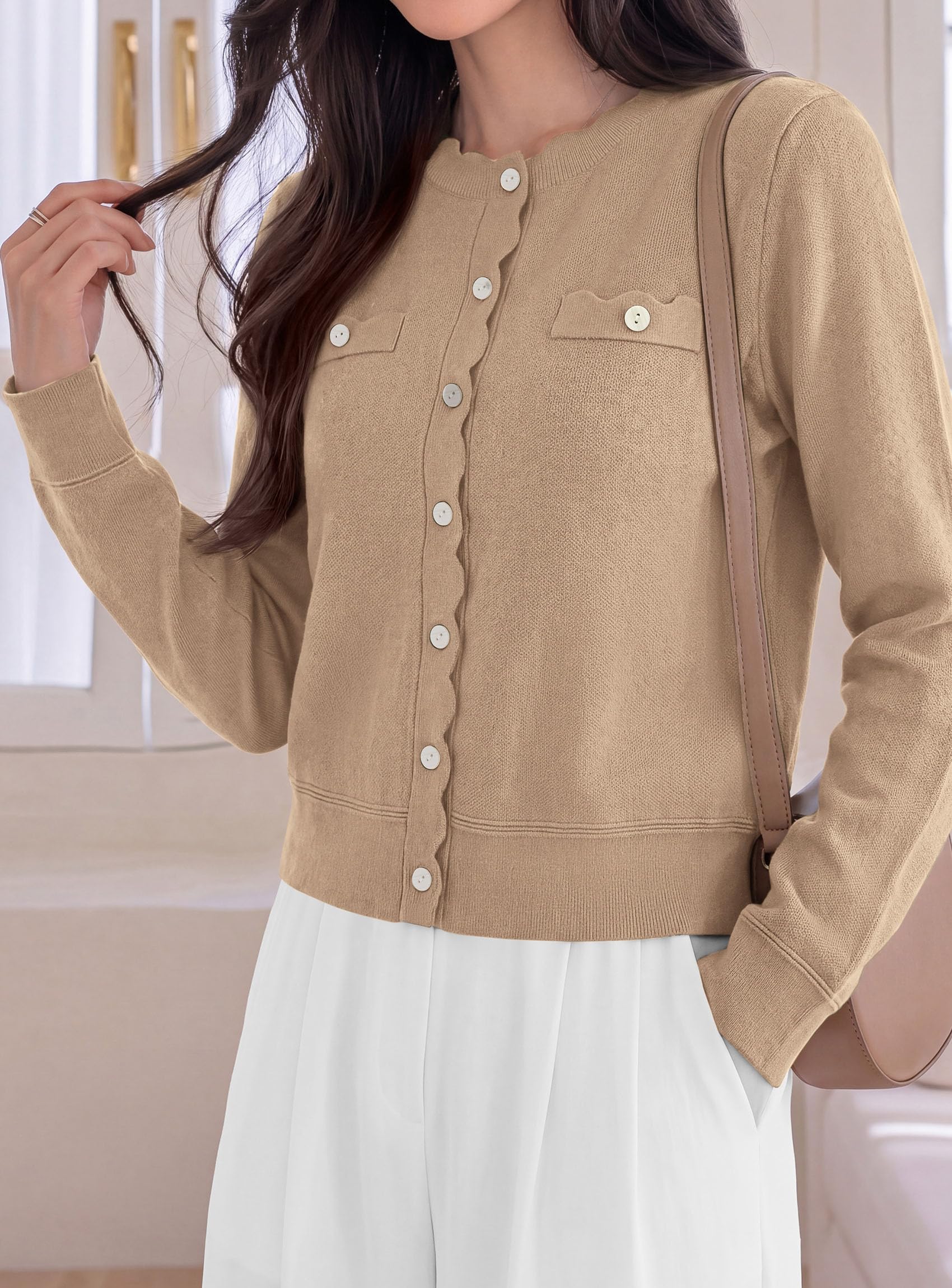 Womens Lightweight Cardigan Sweaters Scalloped Trim Fall Tops