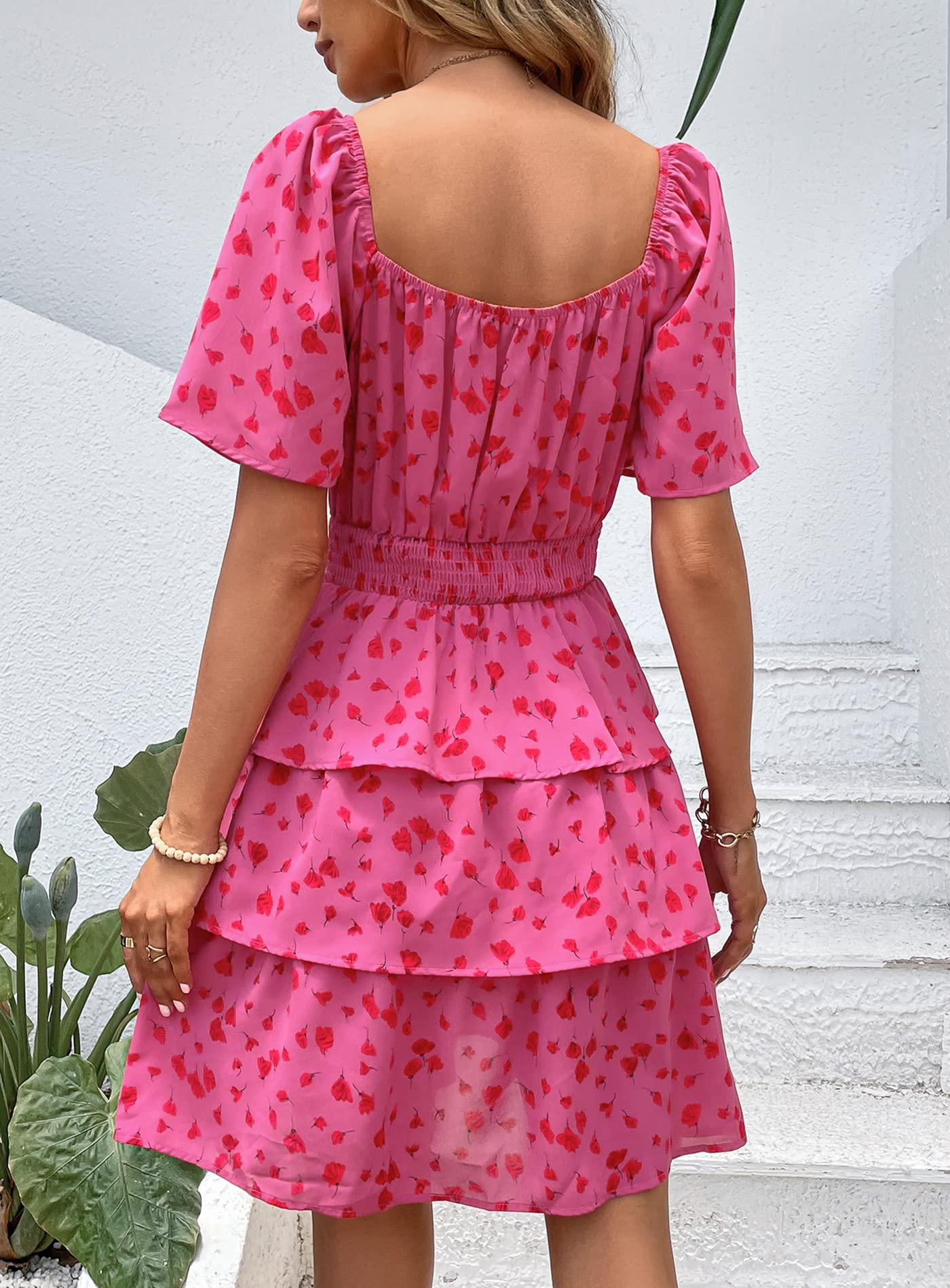 Women's Summer Floral Ruffle Short Dress Red Floral,S