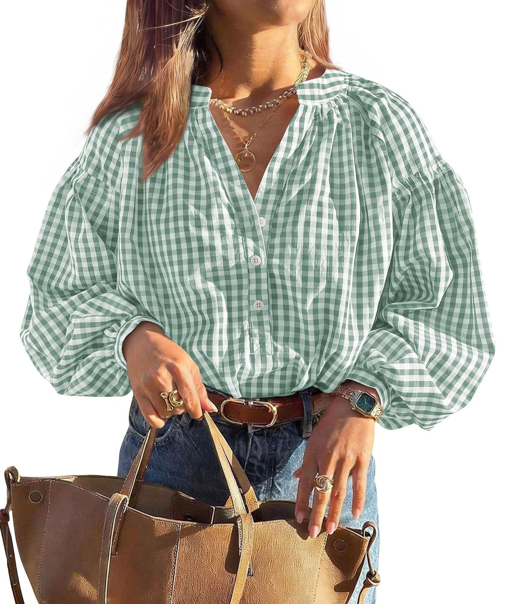 Women Fall Plaid Long Puff Sleeve Shirts V Neck Casual Blouses