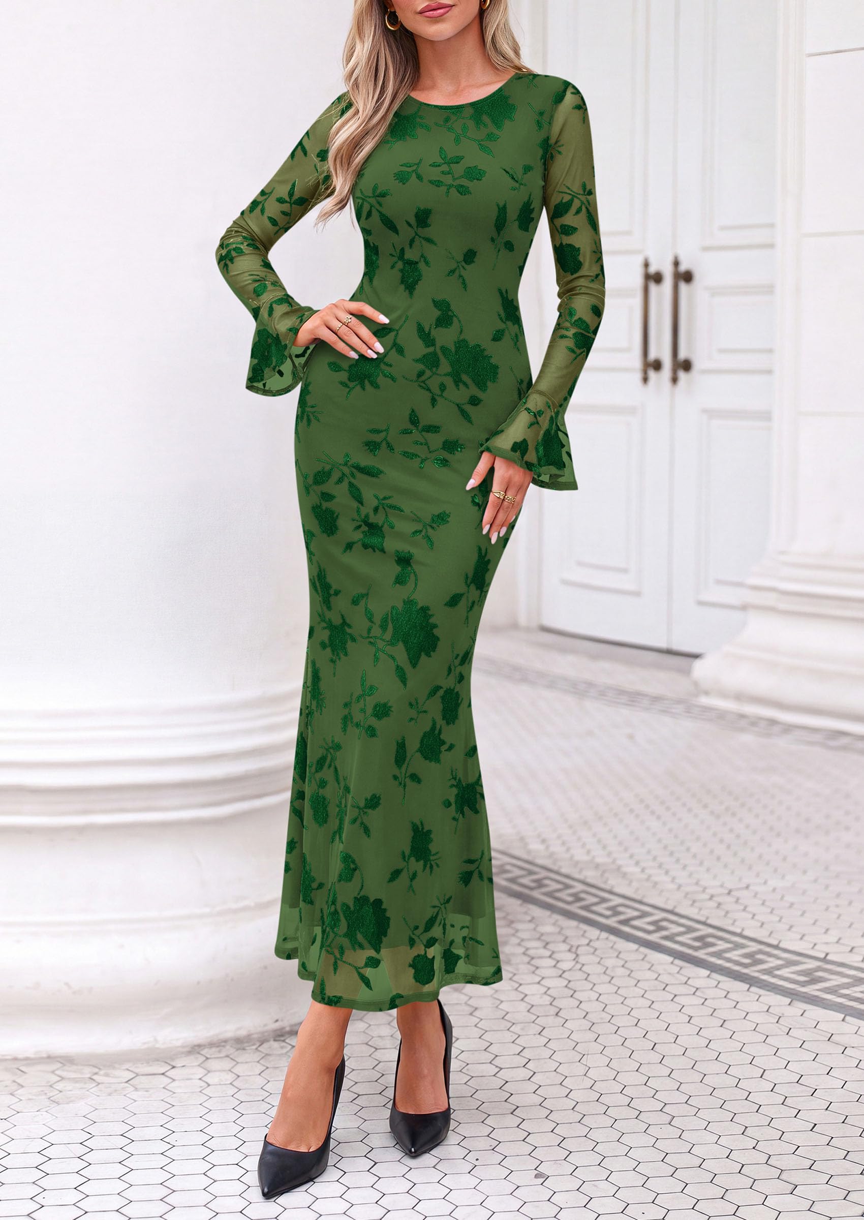 Women's Long Sleeve Maxi Floral Mesh Fall Wedding Guest Dress