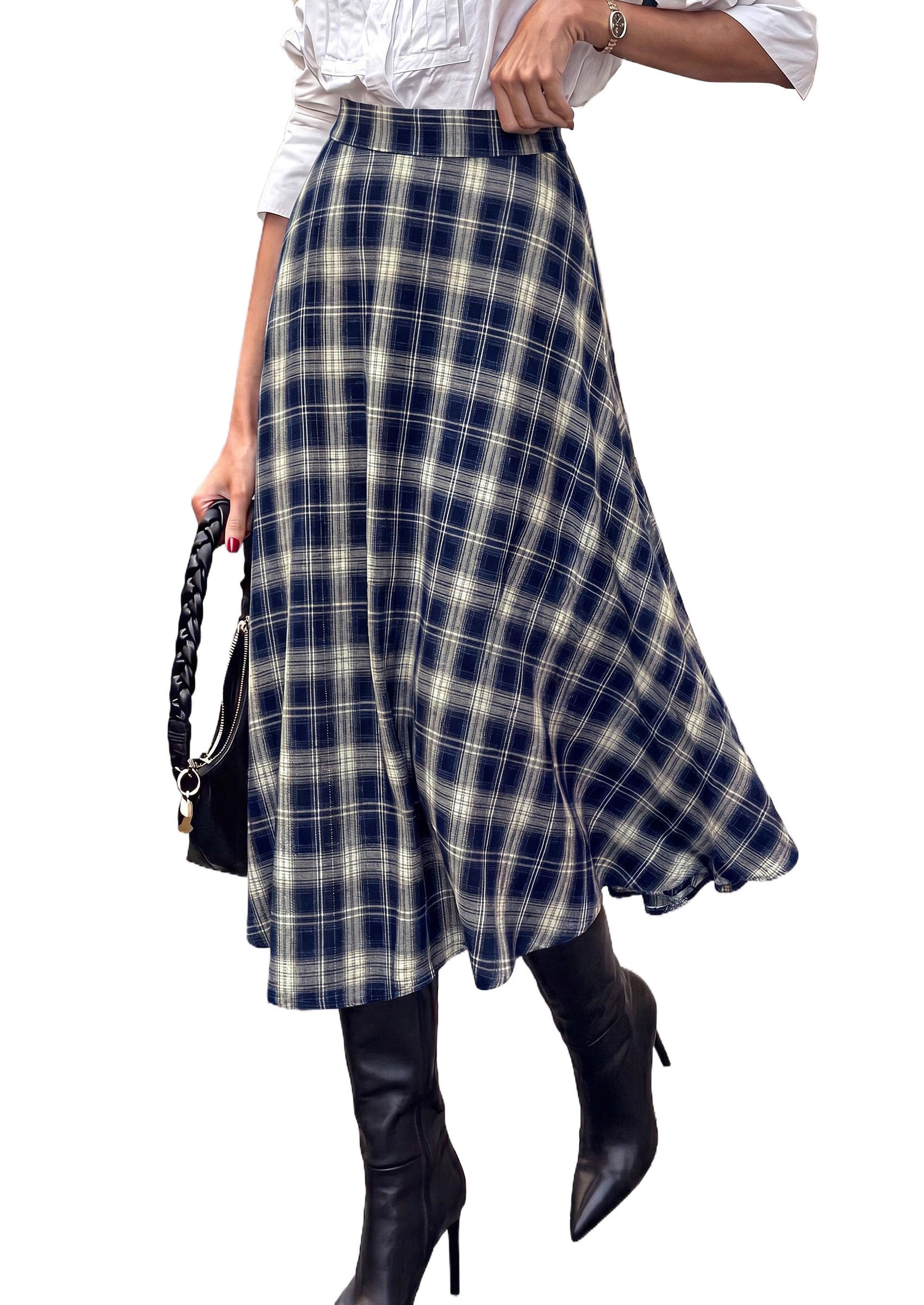 Women's Plaid High Waisted A-Line Midi Skirts,Navy Blue,S