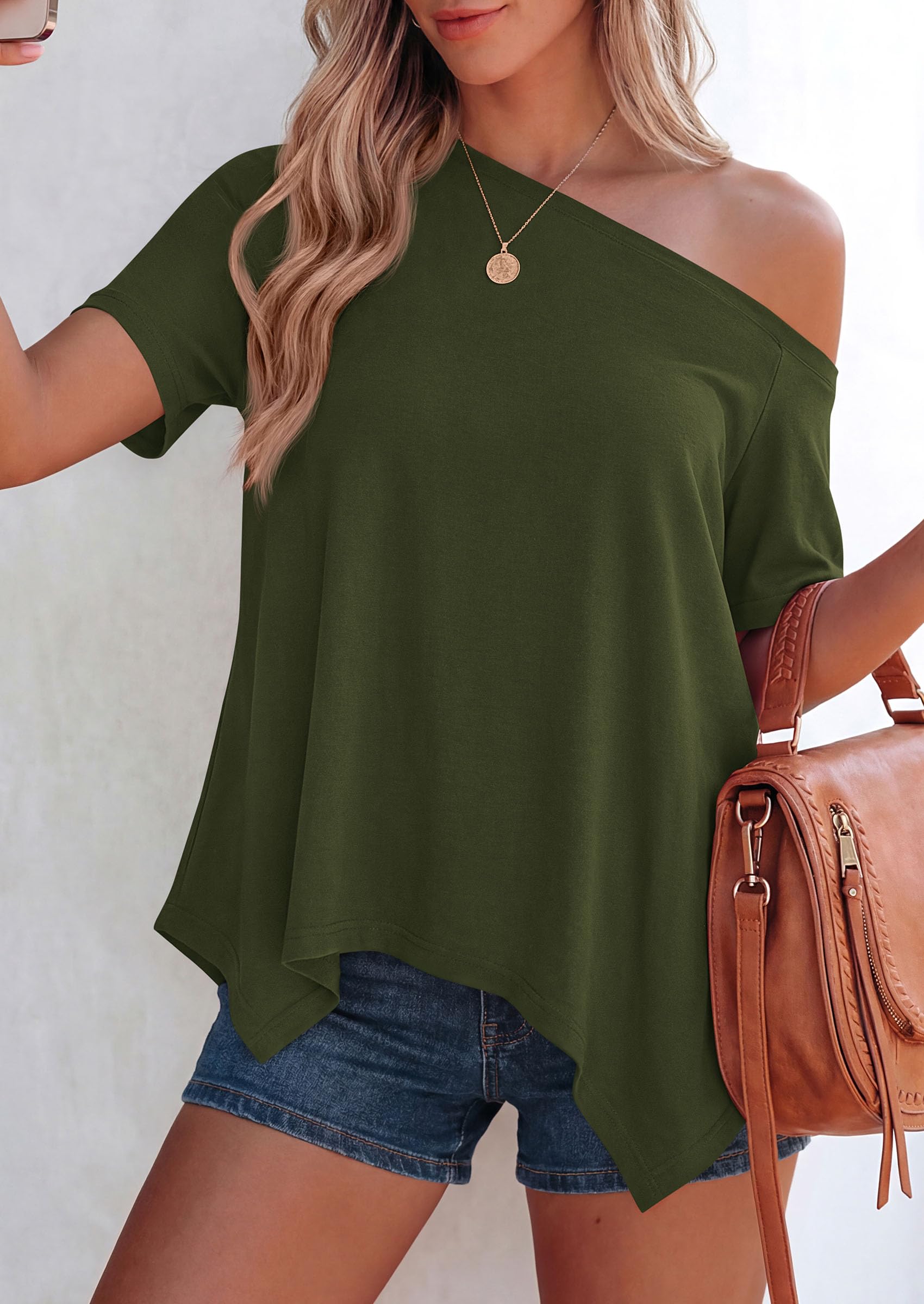 Off Shoulder Tops for Women Oversized Tshirts, Army Green,S
