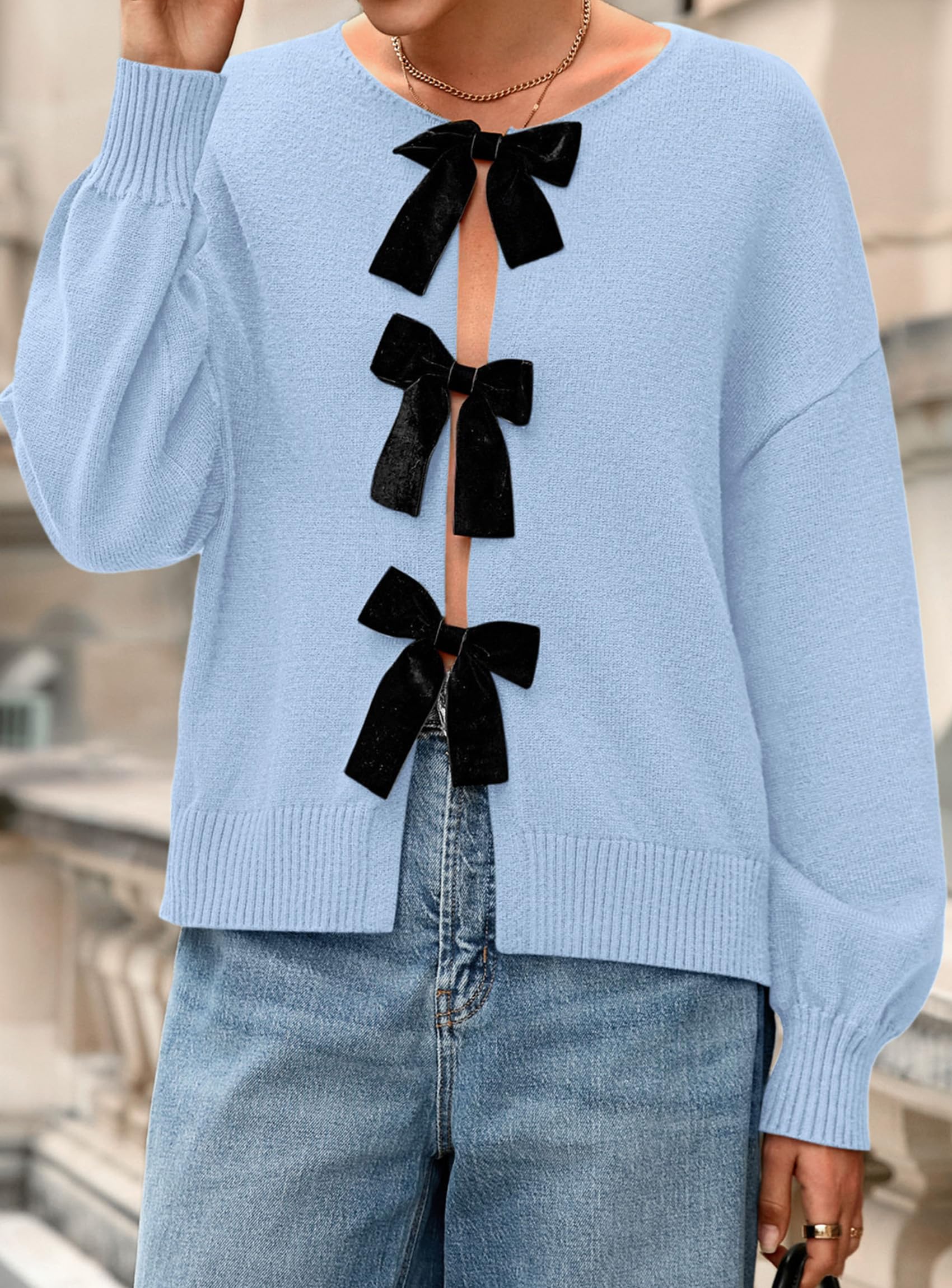 Women's Fall Bow Tie Front Cardigan Sweaters,Light Blue,XL