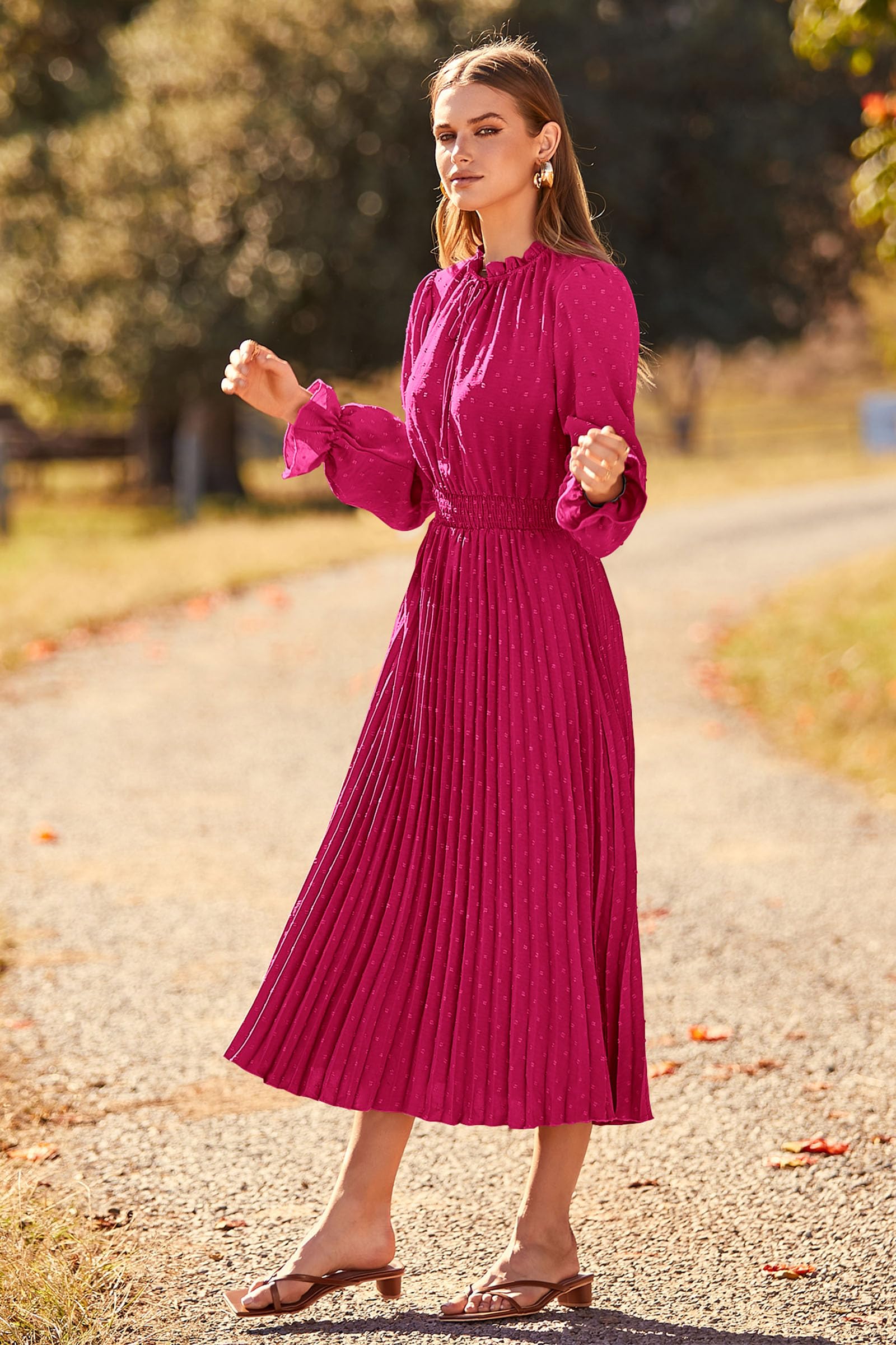 Women's Fall Midi Wedding Guest Dress(Rose Red,Small)