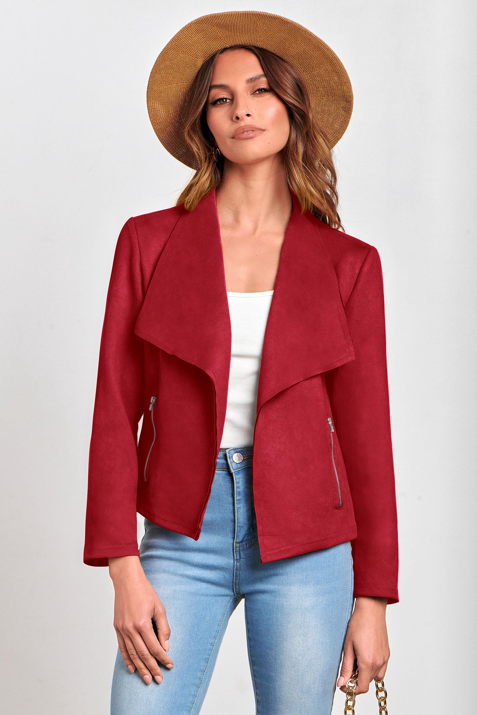 Women's Fall Fashion Faux Suede Jackets(Red,Small)