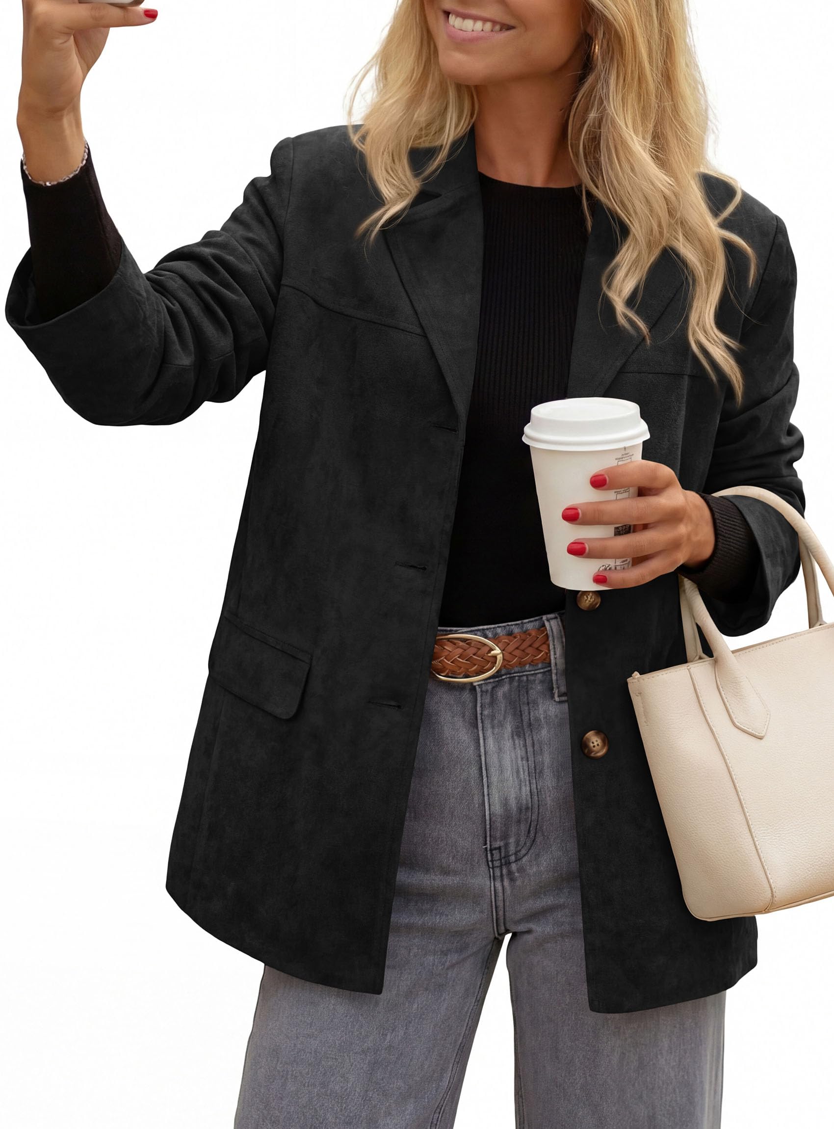 Blazers for Women Western Fall Faux Suede Jacket Black
