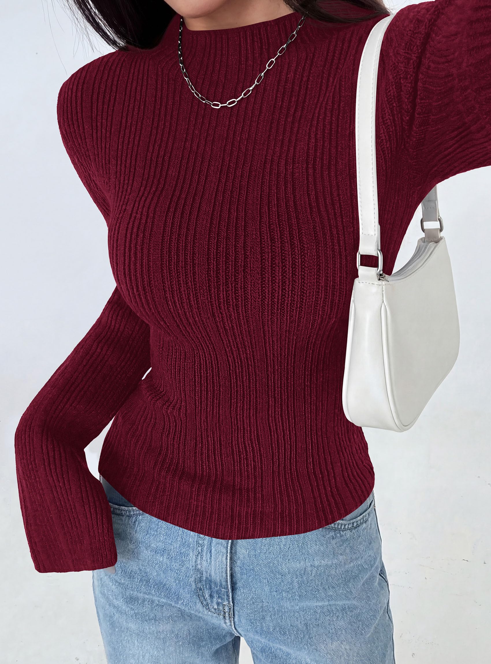 Womens Bell Long Sleeve Tops Mock Neck Sweaters,Burgundy,L