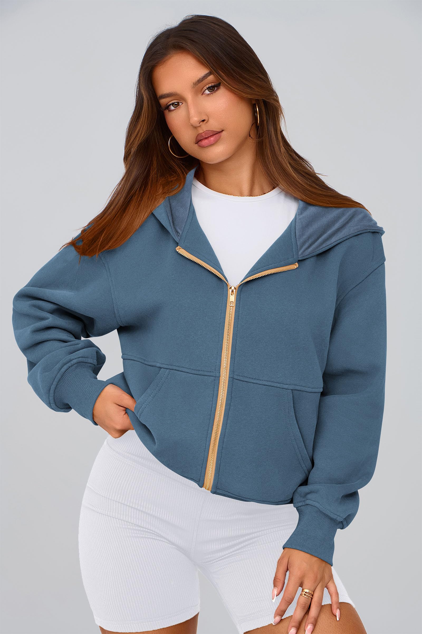 Hoodies for Women Fall Fashion Zip Up Fleece Plain Sweatshirt