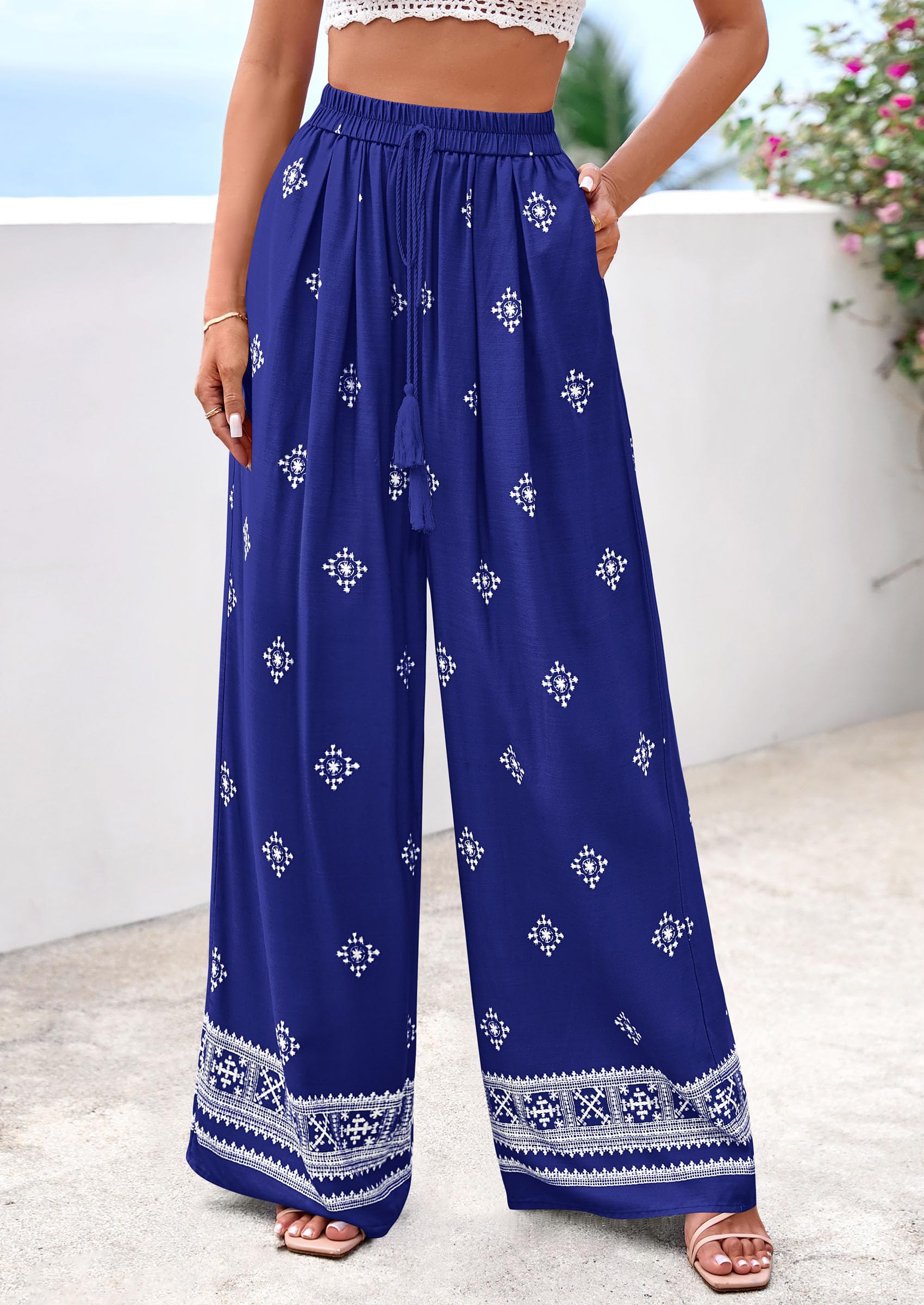 Wide Leg Flowy Boho Pants for Women, Royal Blue,S