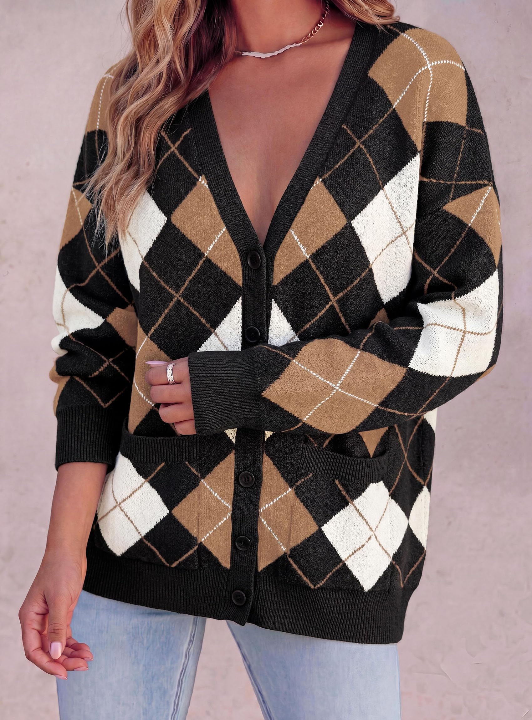 Women's Cardigan Argyle Winter Sweaters (Plaid Black,S)