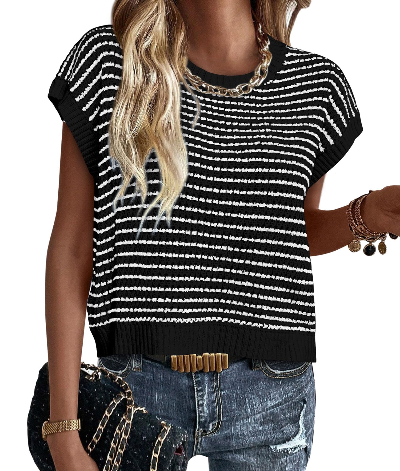 Women's Striped Short Sleeve Sweater Vest Black,S