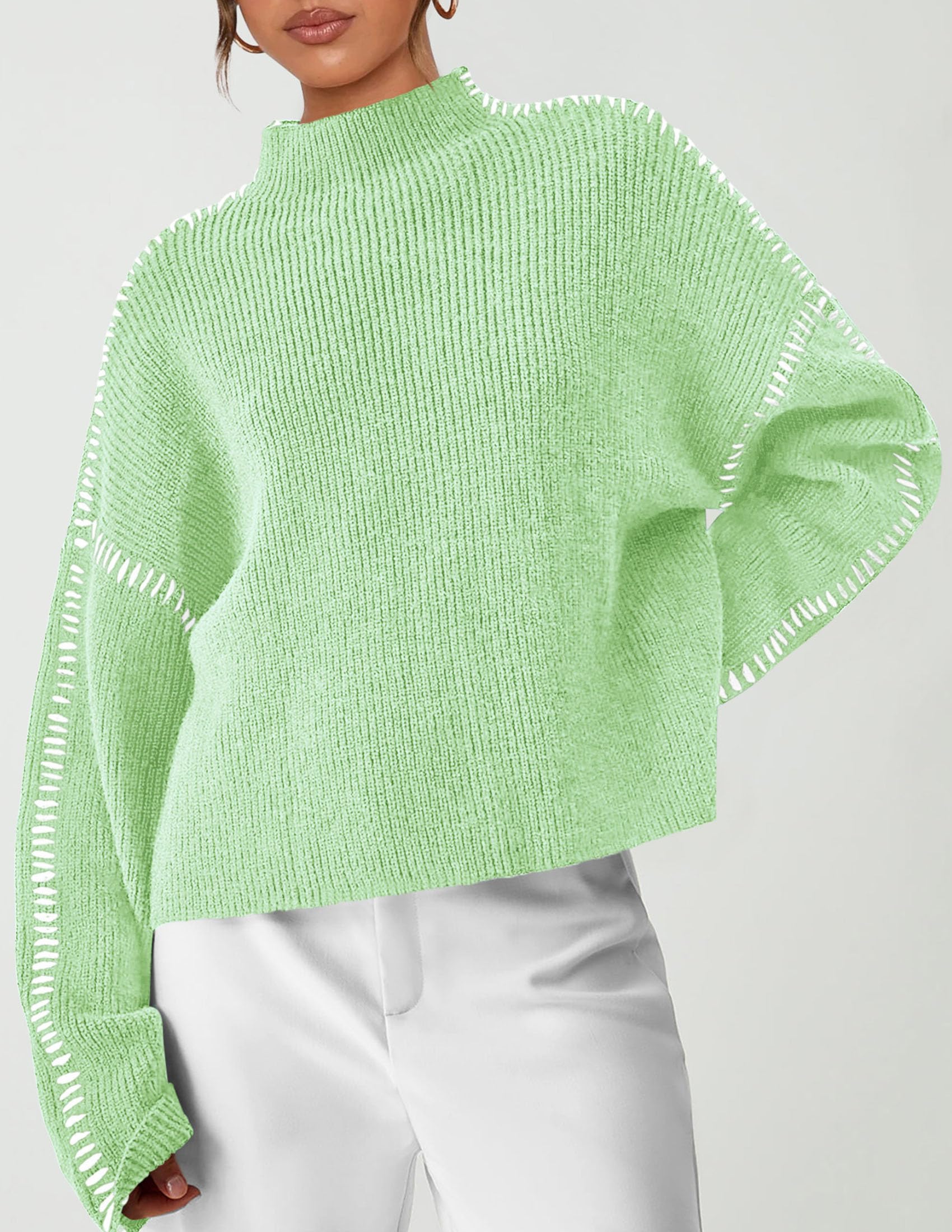 Womens Chunky Knit Oversized Pullover Sweaters,Light Green,S