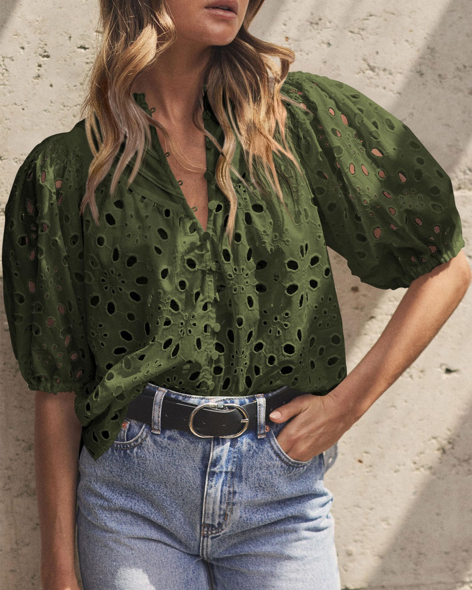 Womens Tops Boho Eyelet Puff Sleeve Blouse, Army Green,S