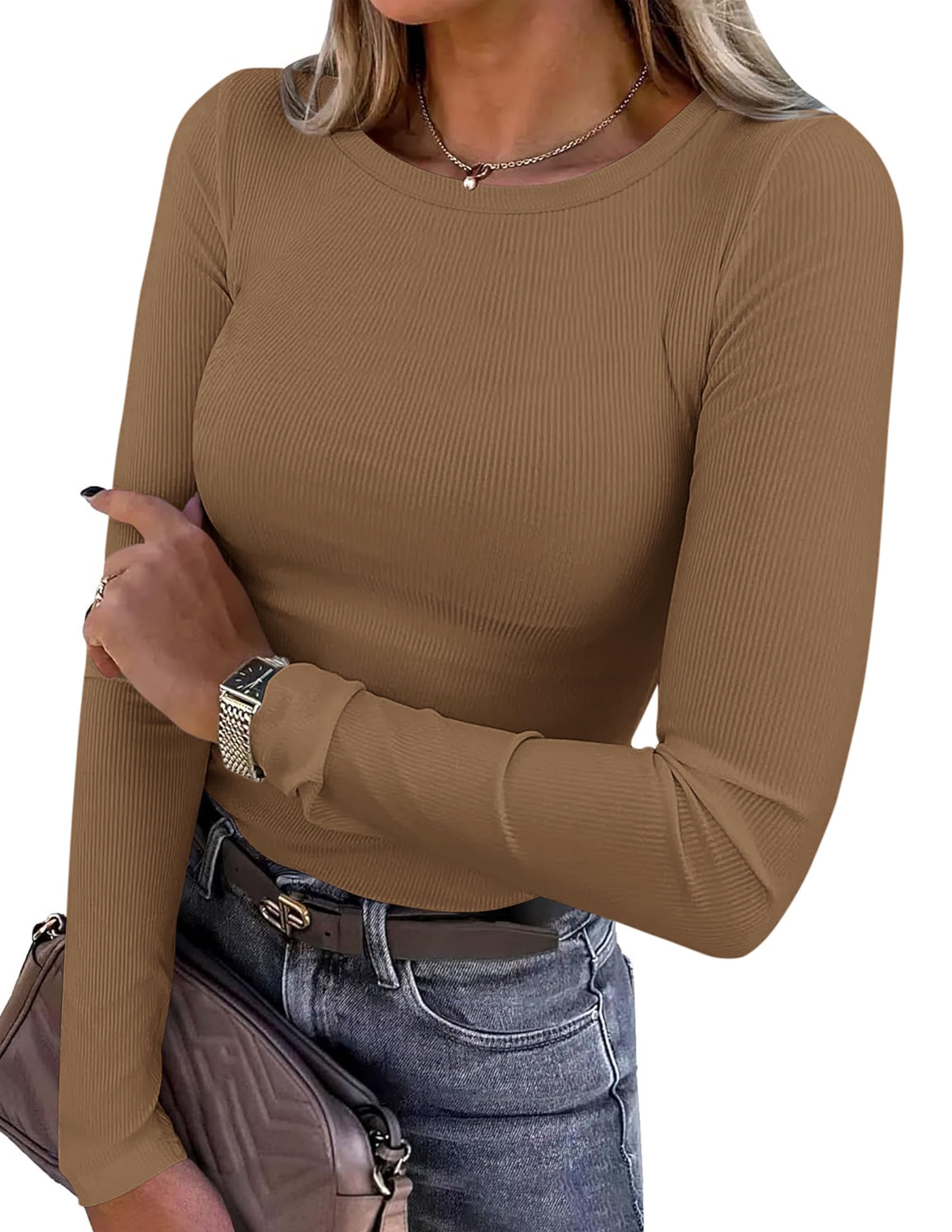 Women's Fall Long Sleeve Shirts Basic Tees (Dark Khaki,XS)