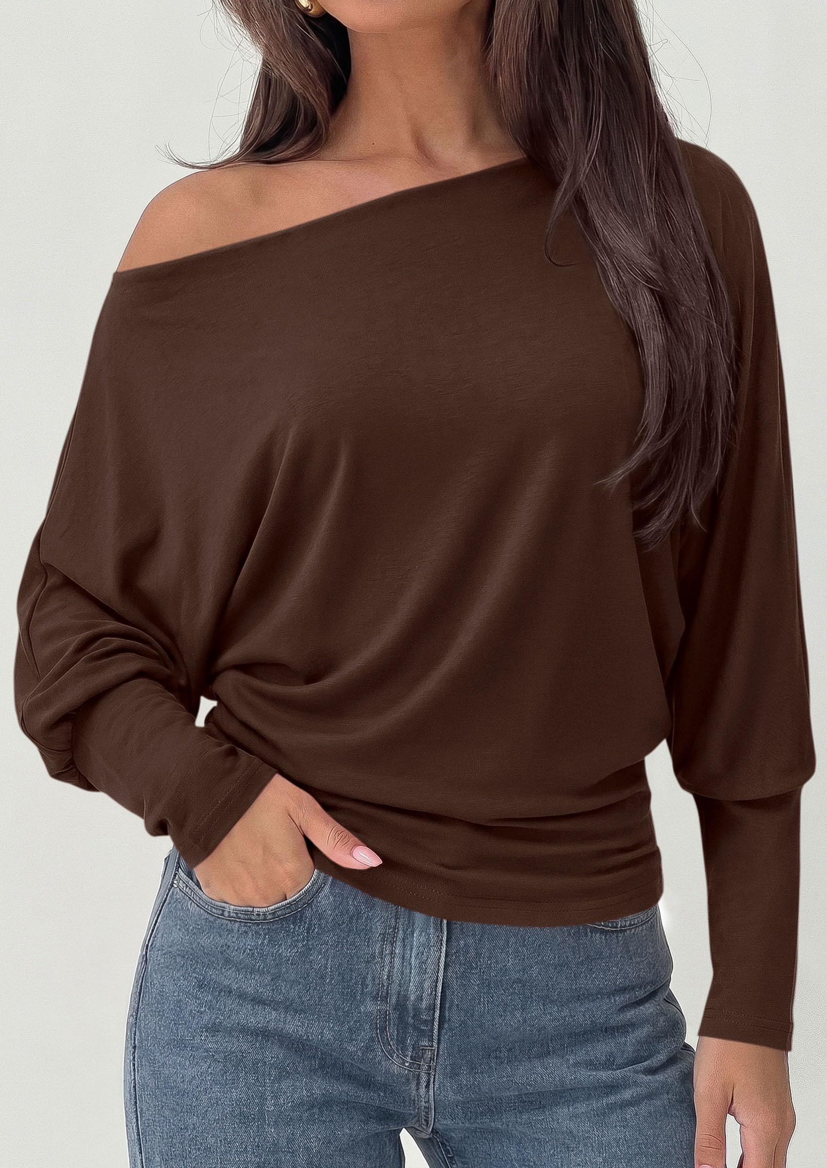 Womens Off The Shoulder Batwing Long Sleeve Top,Brown,S
