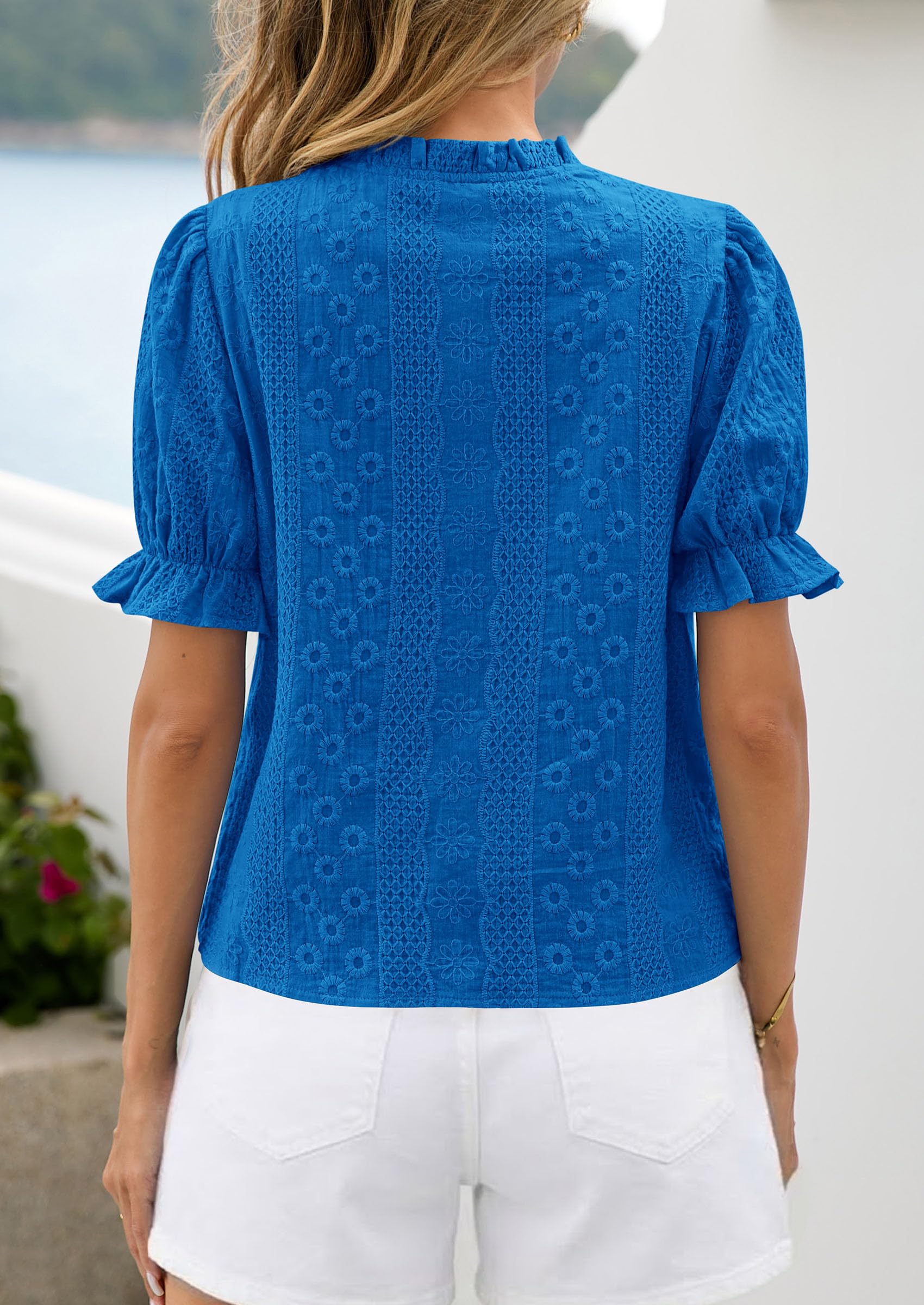 Womens Embroidered Puff Short Sleeve Tops,Royal Blue,S