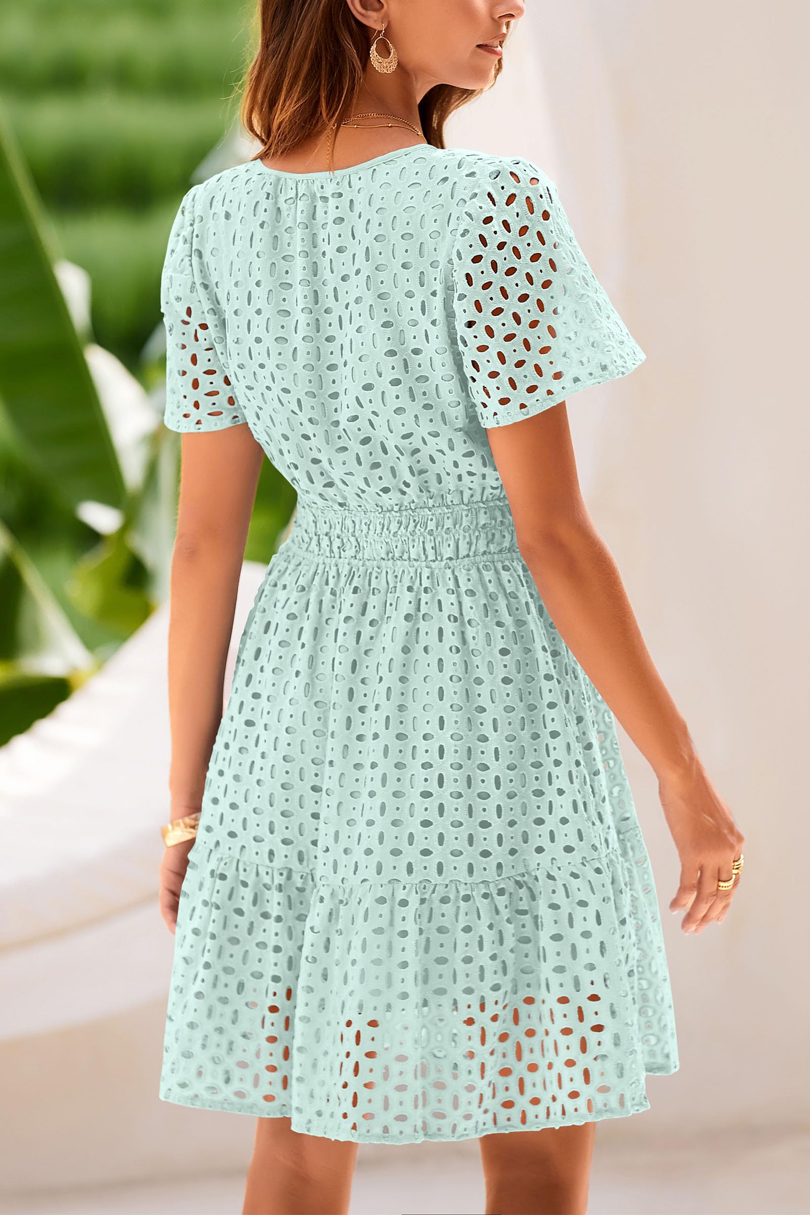 Women's Summer Eyelet Lace Short Dresses (Light Green,S)