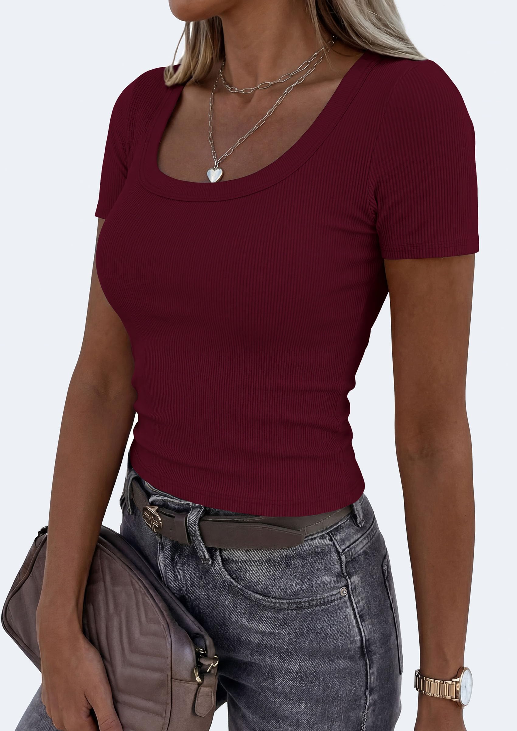 Womens Summer Short Sleeve Scoop Neck Tops,Burgundy,S