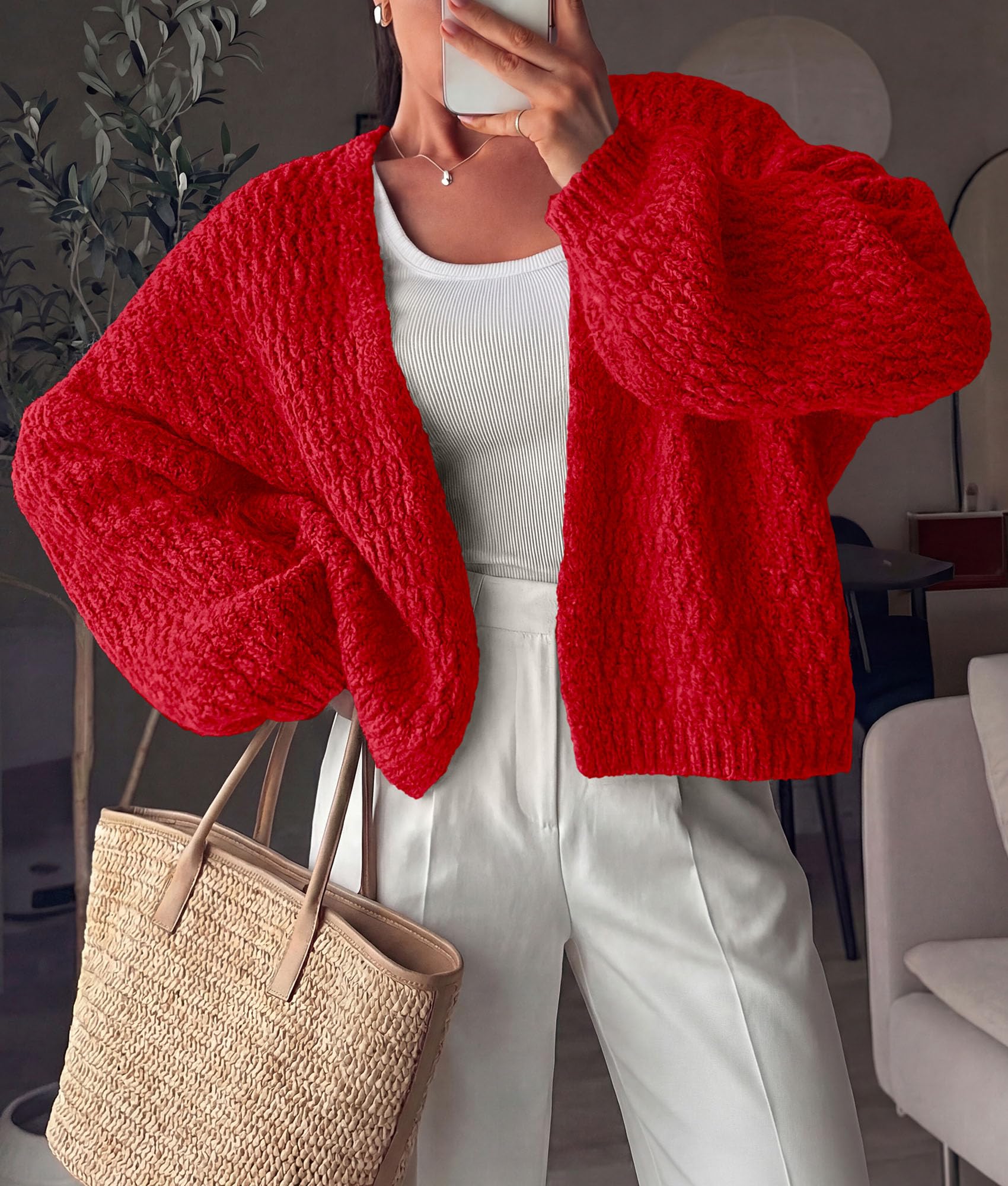 Women's Fall Cardigan Open Front Chunky Sweaters Red S