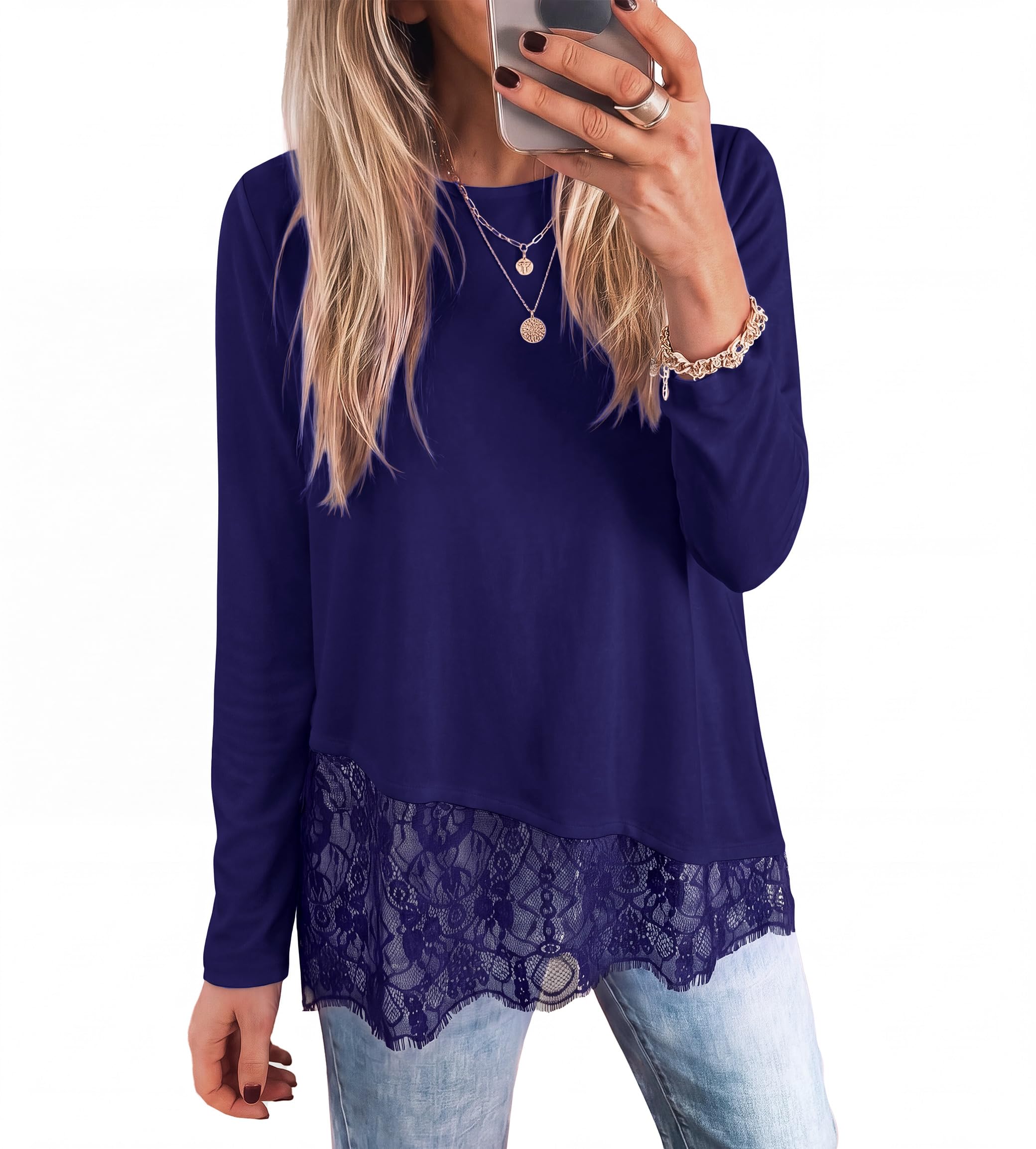 Women's Lace Patchwork Long Sleeve Shirts,Navy,S