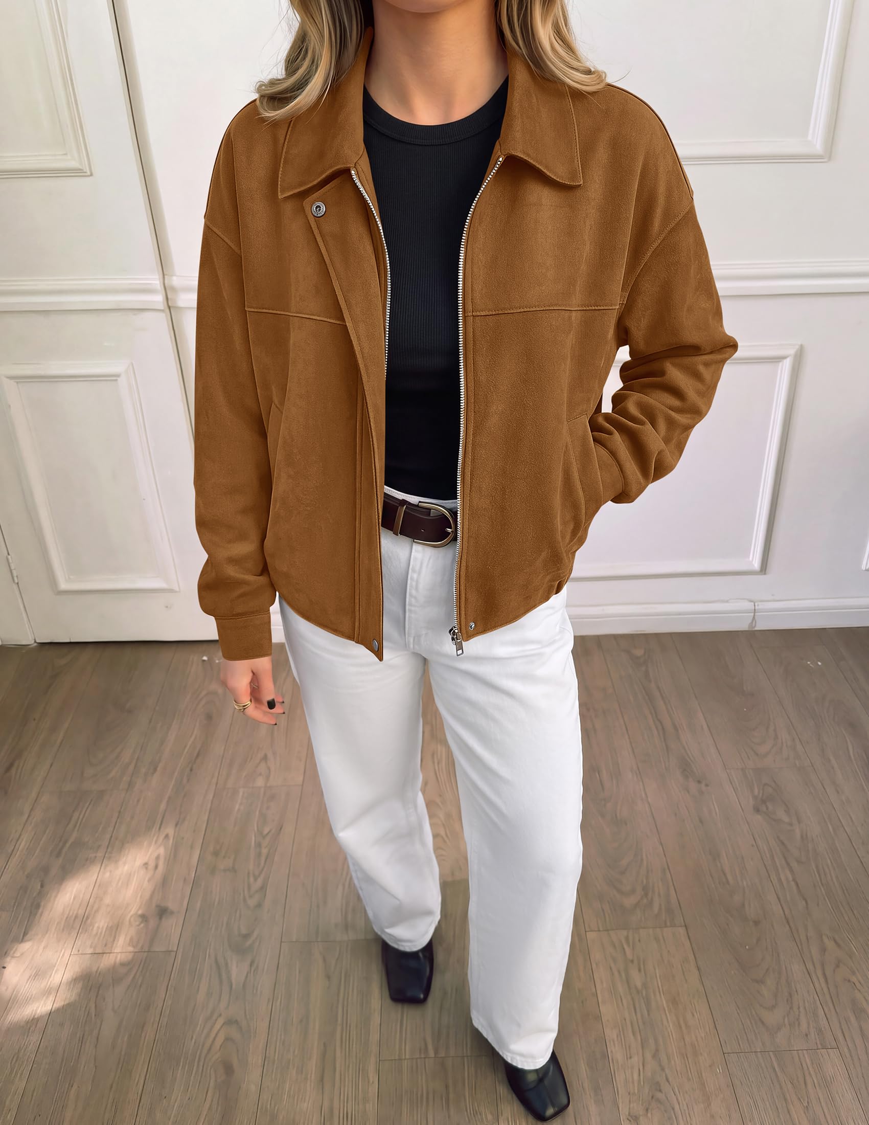 Women's Faux Suede Cropped Fall Jackets,Brown,S