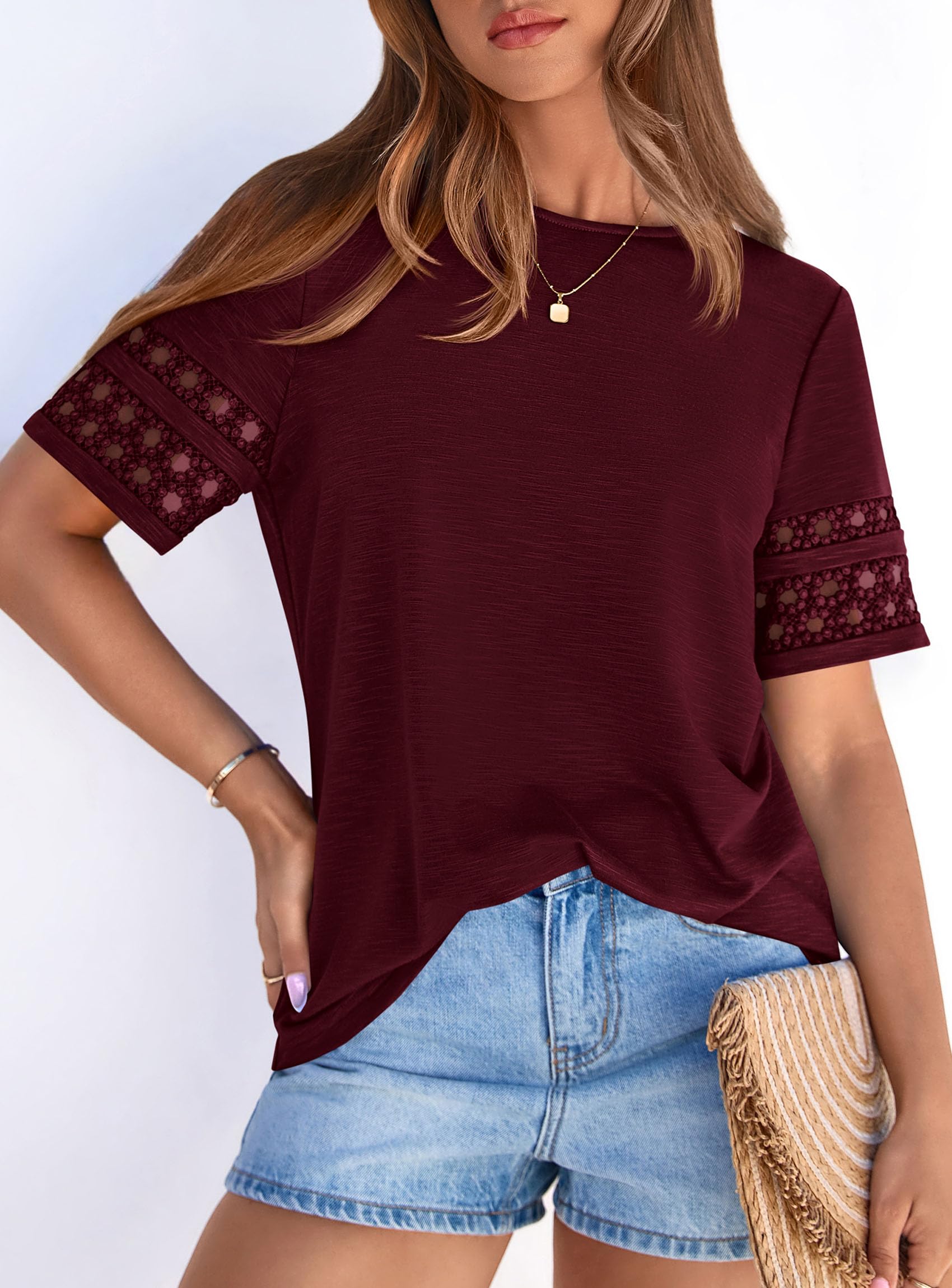 Women's Summer Short Sleeve Lace Trim T-Shirts,Burgundy,S
