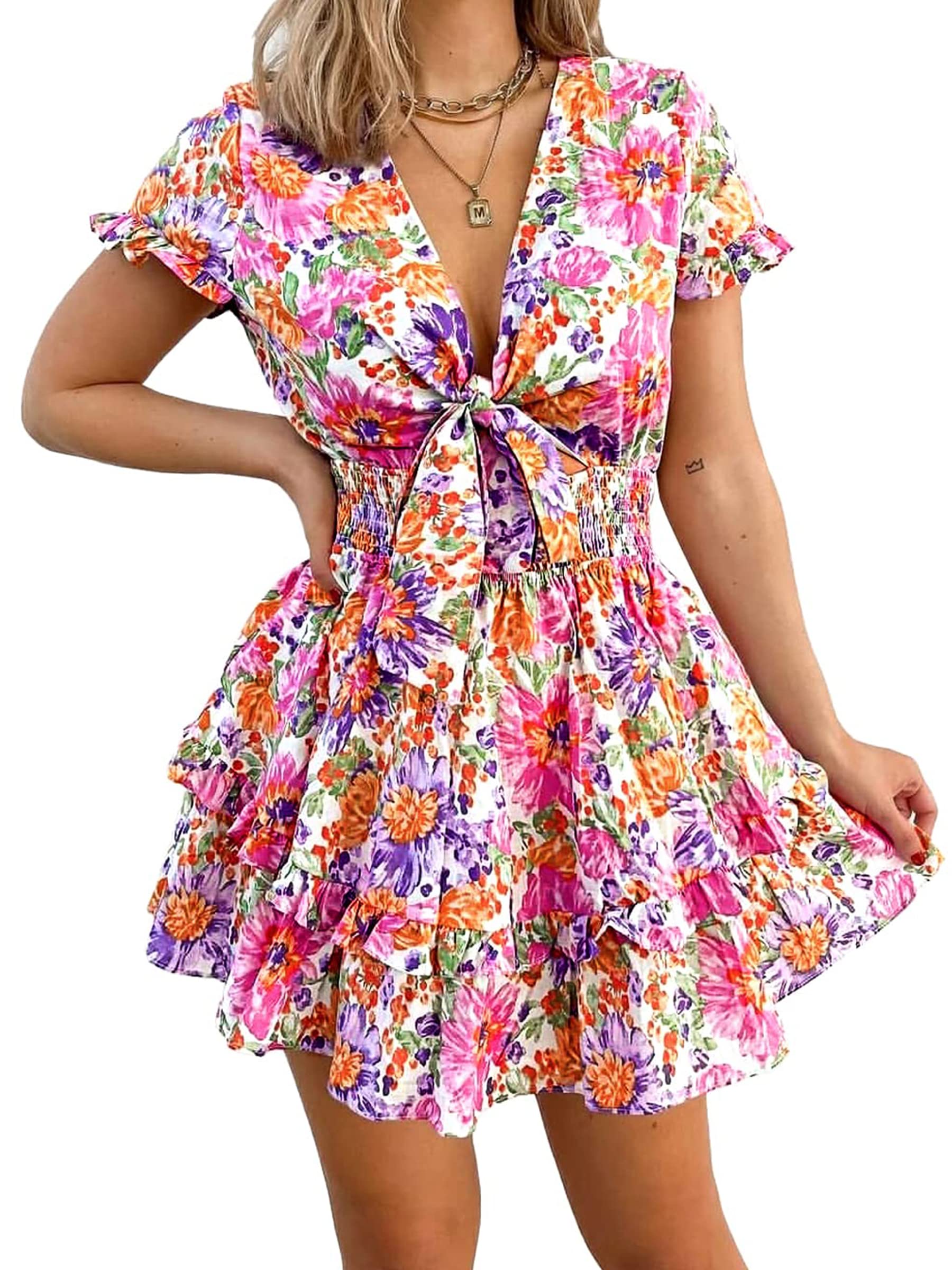 Women's Boho Floral Mini Tiered Bow Dress, Floral White,S