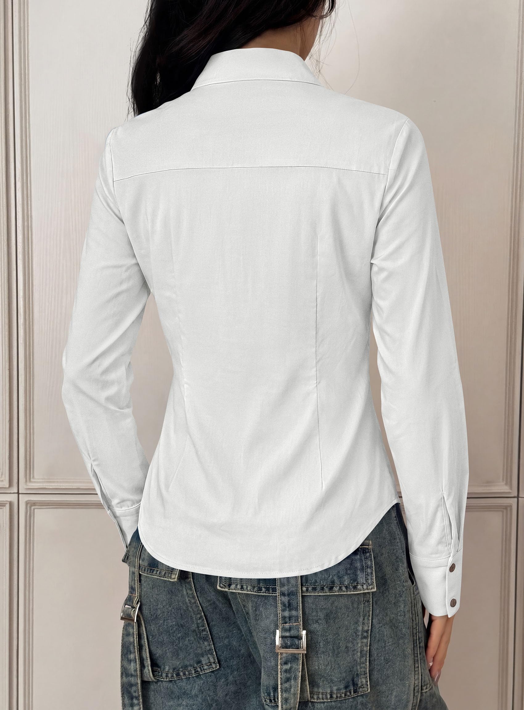 Womens Button Down Shirts Long Sleeve Blouse (White,S)