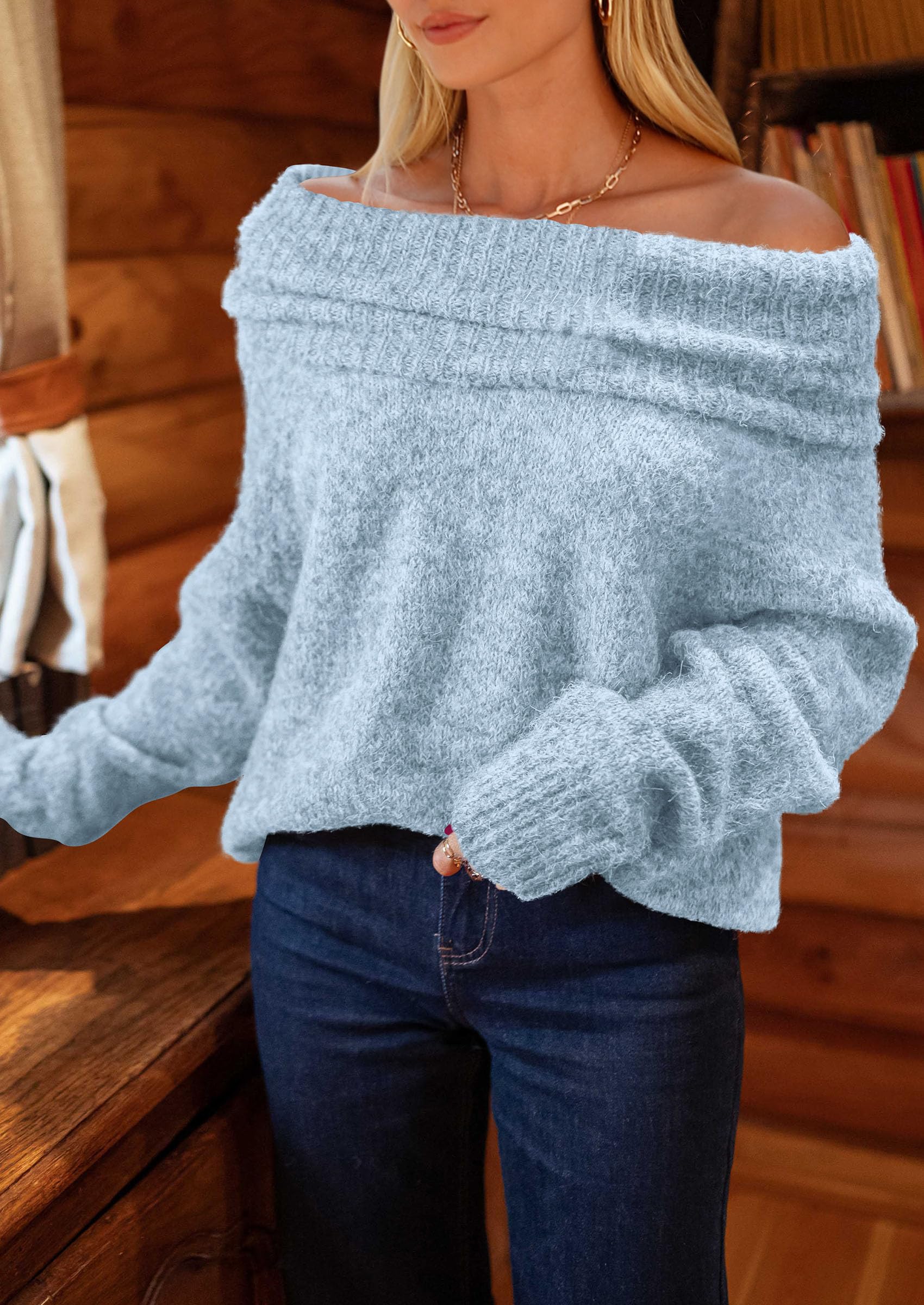 Women's Fall Off The Shoulder Sweater,Light Blue,S